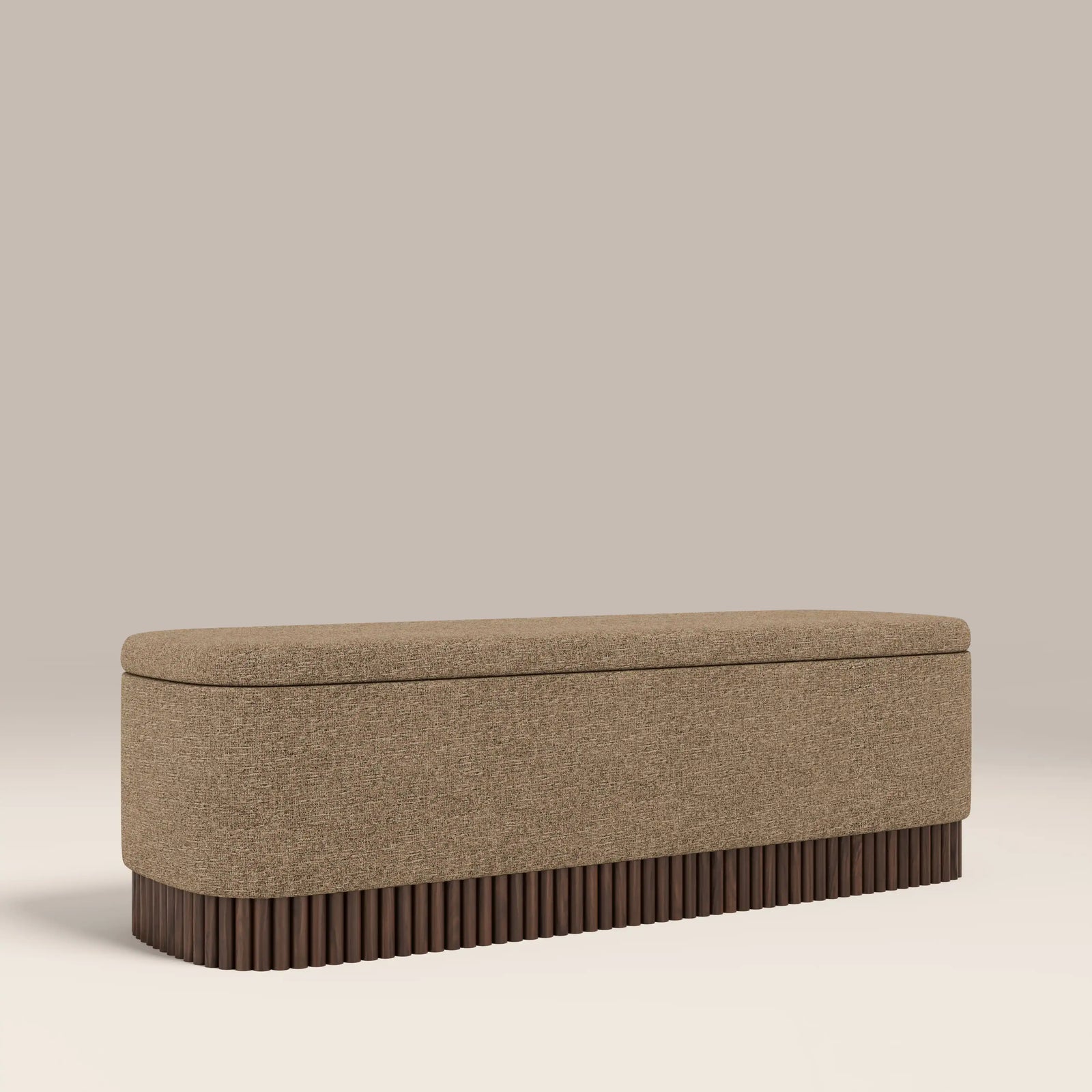 Oberon Storage Ottoman | Speckled Cappuccino Boucle & Walnut