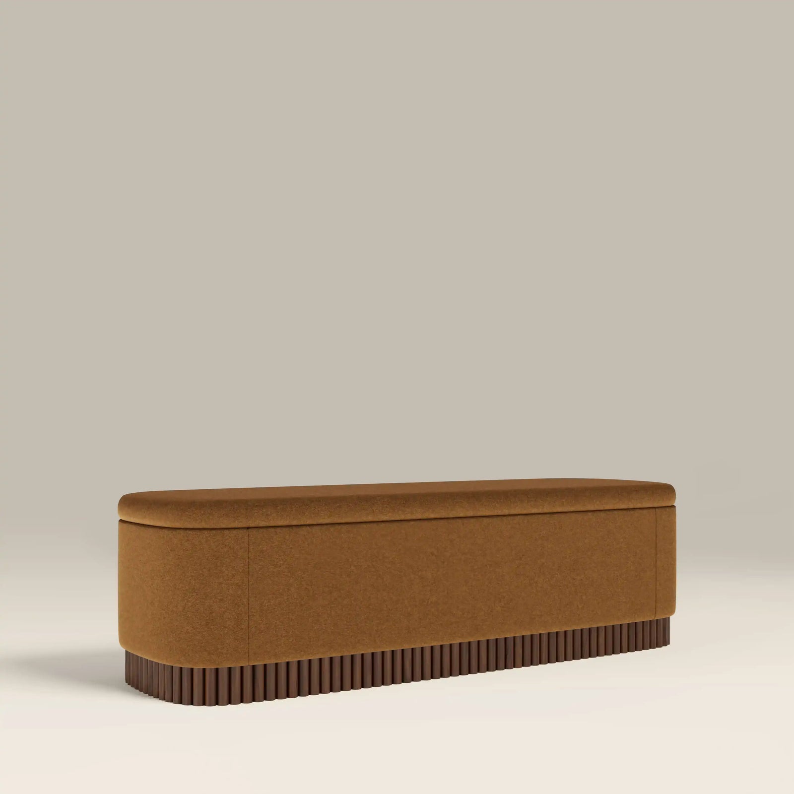 Oberon Storage Ottoman | Caramel Sustainable Mohair Velvet & Walnut