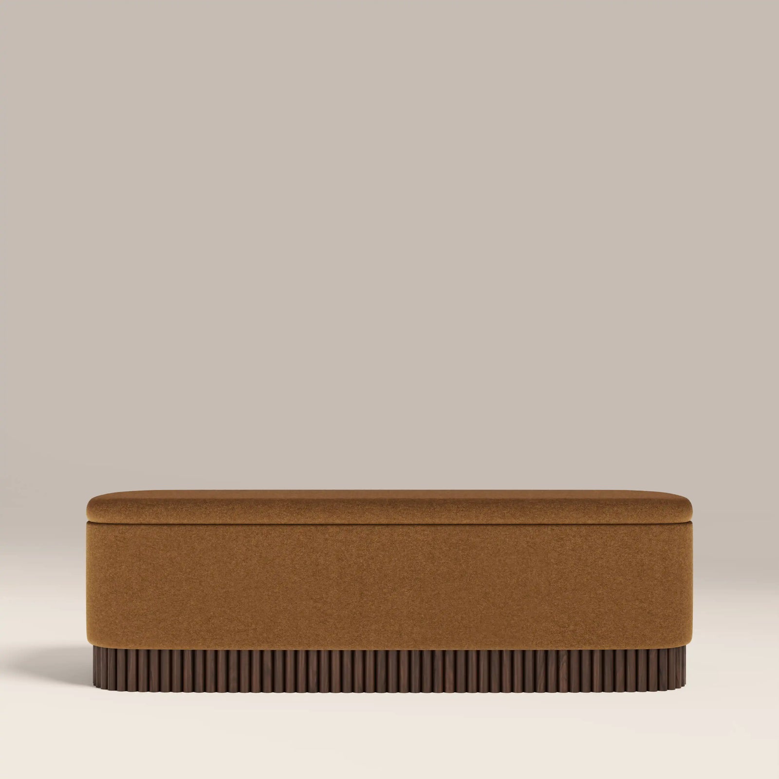 Oberon Storage Ottoman | Caramel Sustainable Mohair Velvet & Walnut