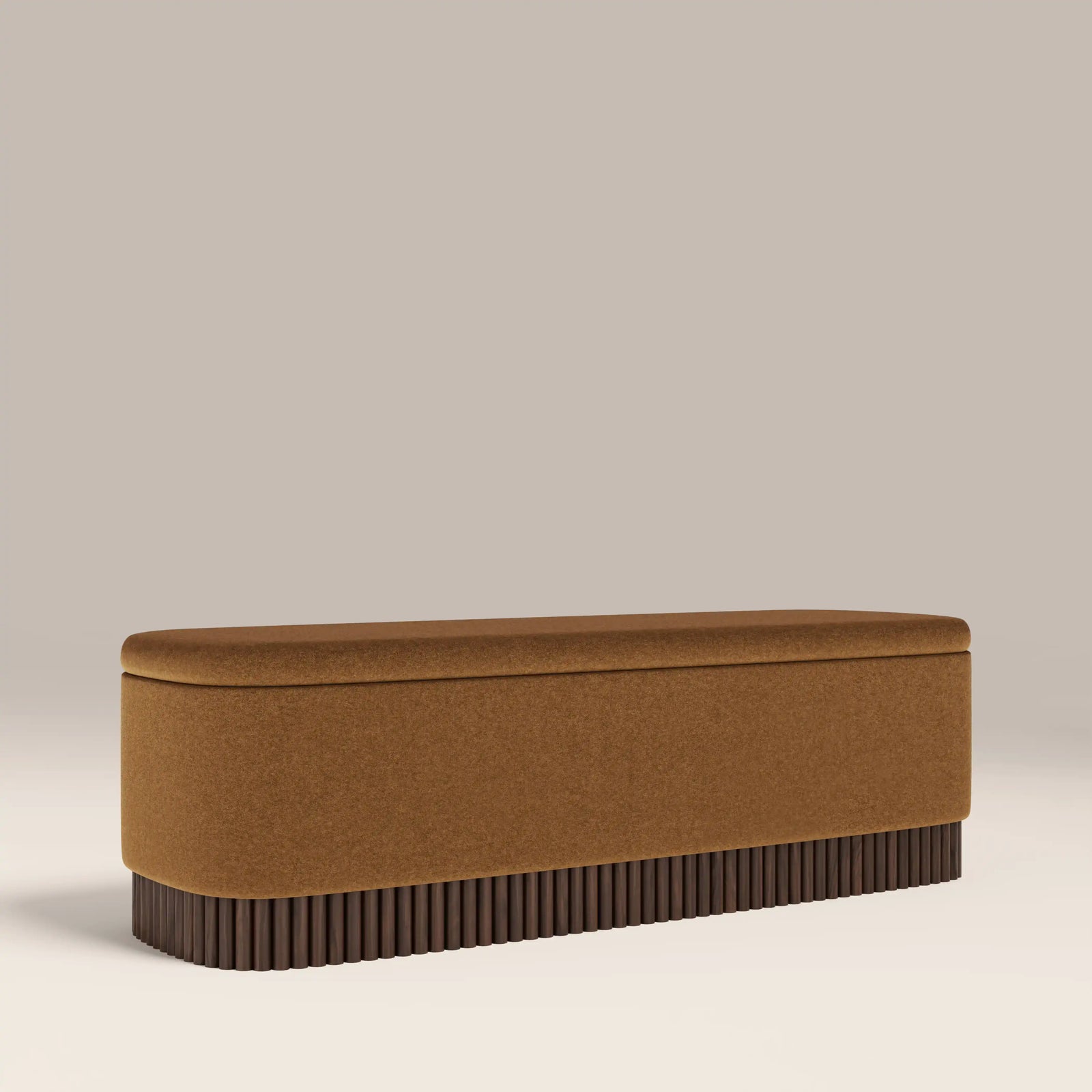 Oberon Storage Ottoman | Caramel Sustainable Mohair Velvet & Walnut