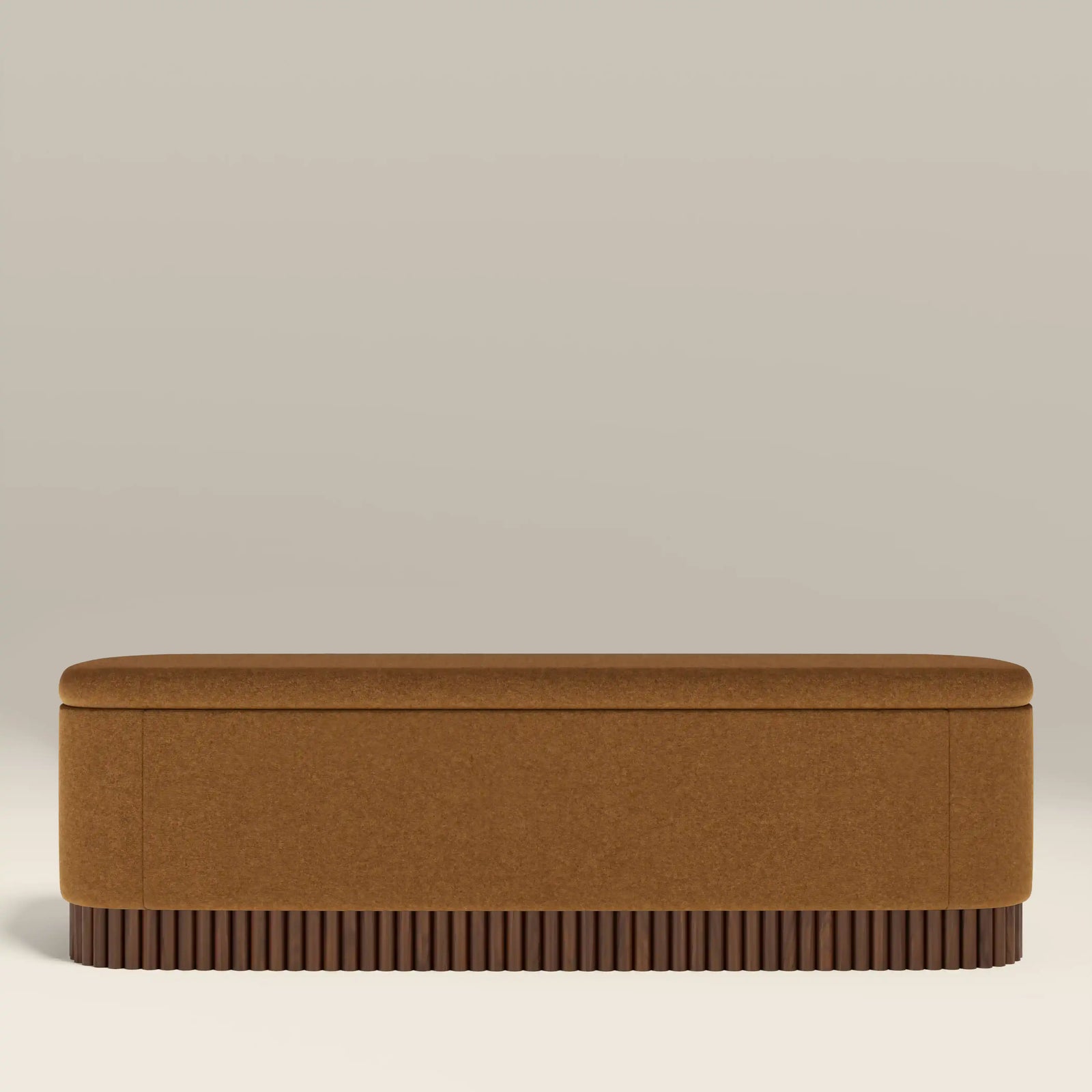 Oberon Storage Ottoman | Caramel Sustainable Mohair Velvet & Walnut