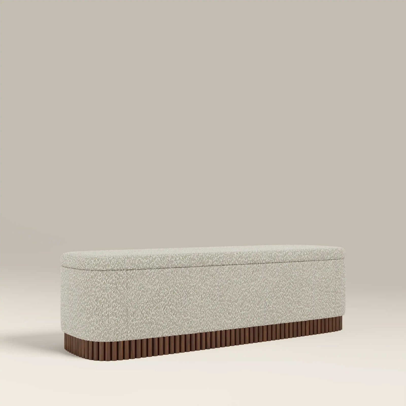 Oberon Storage Ottoman | Speckled Stone Sustainable Boucle & Walnut