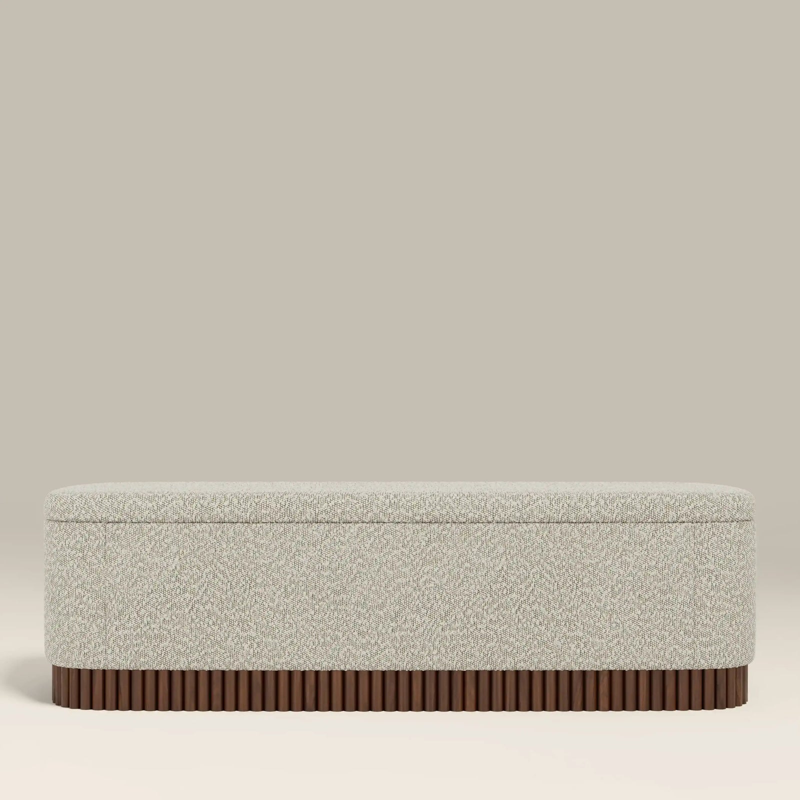 Oberon Storage Ottoman | Speckled Stone Sustainable Boucle & Walnut
