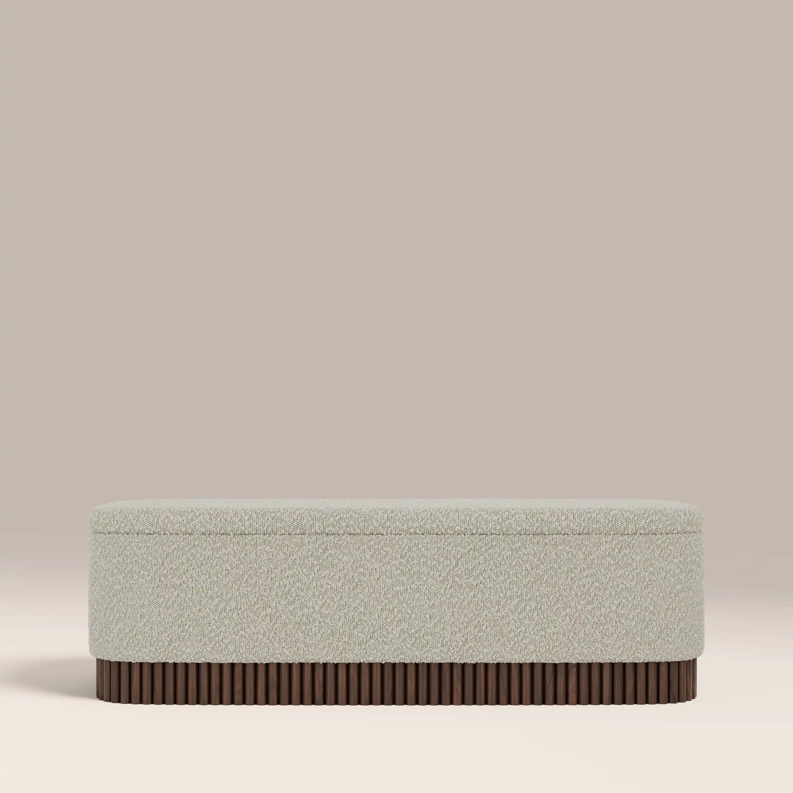 Oberon Storage Ottoman | Speckled Stone Sustainable Boucle & Walnut