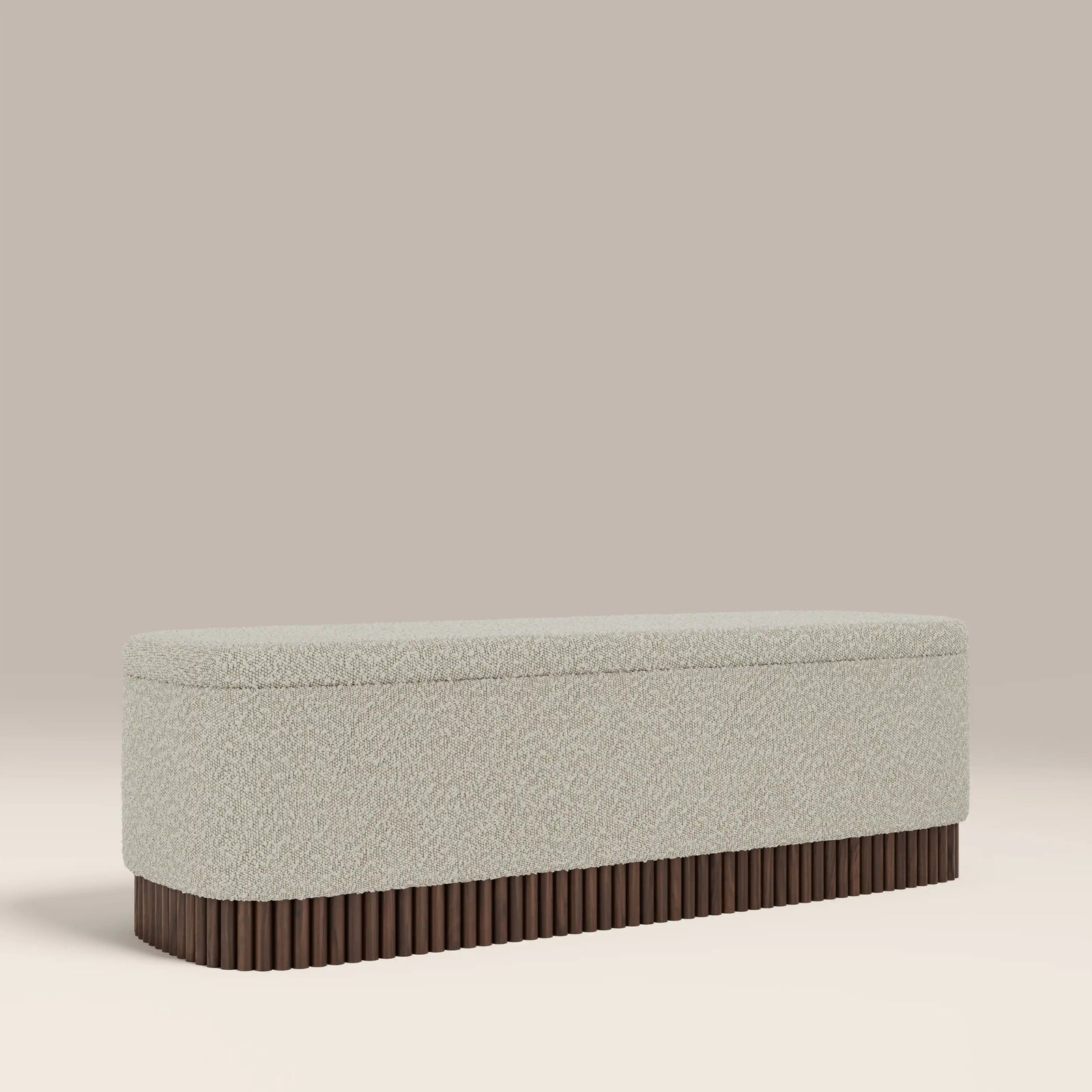 Oberon Storage Ottoman | Speckled Stone Sustainable Boucle & Walnut
