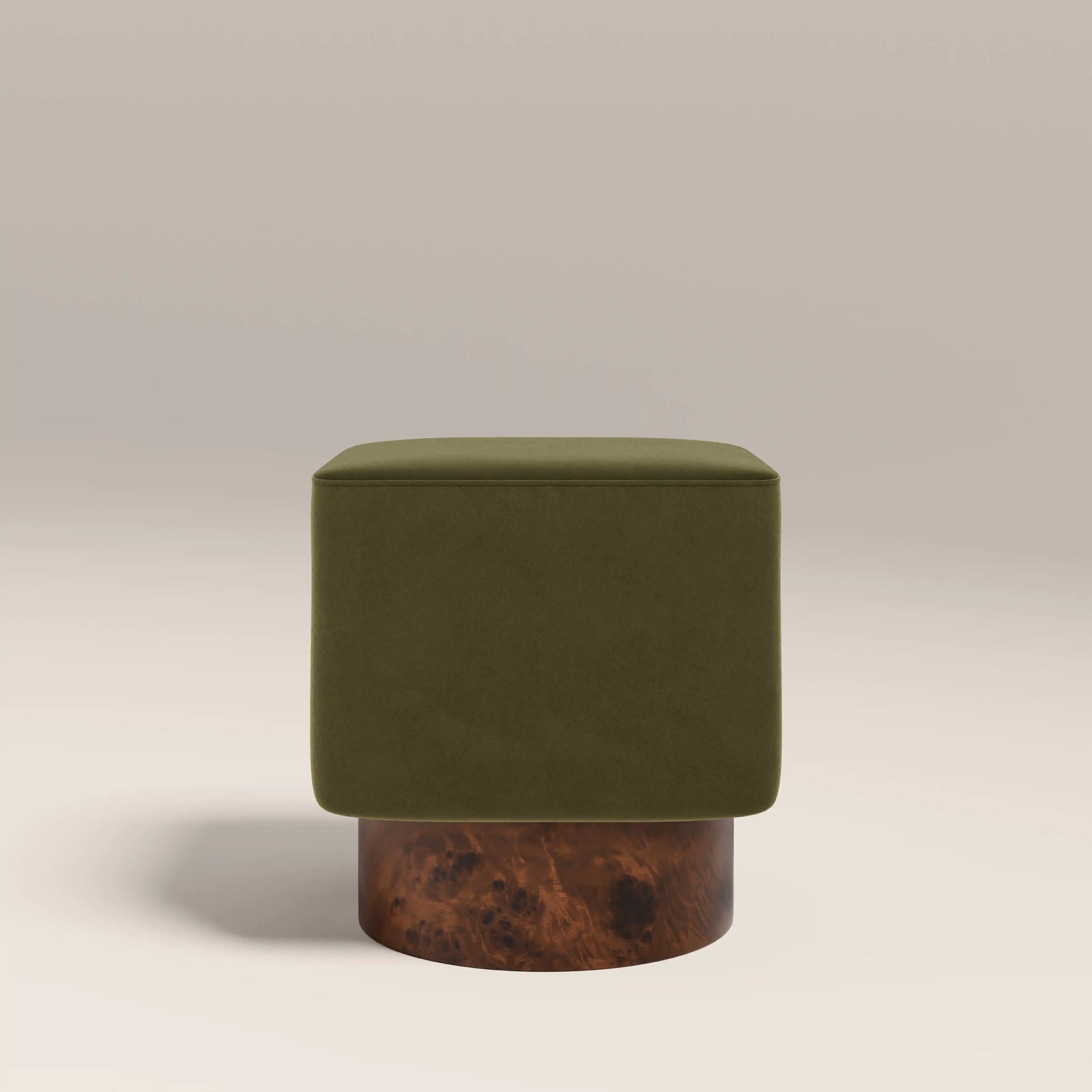 Bidbury Pouffe | Moss Green Sustainable Mohair Velvet & Walnut Burl Wood