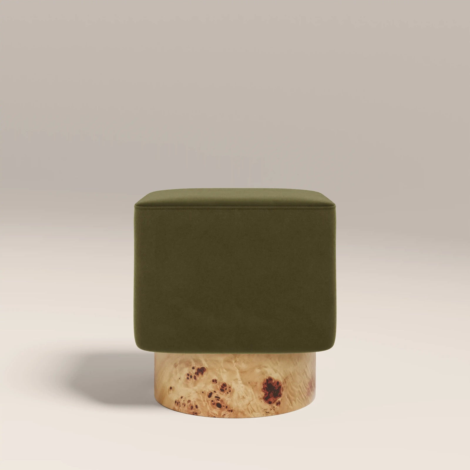 Bidbury Pouffe | Moss Green Sustainable Mohair Velvet & Burl Wood