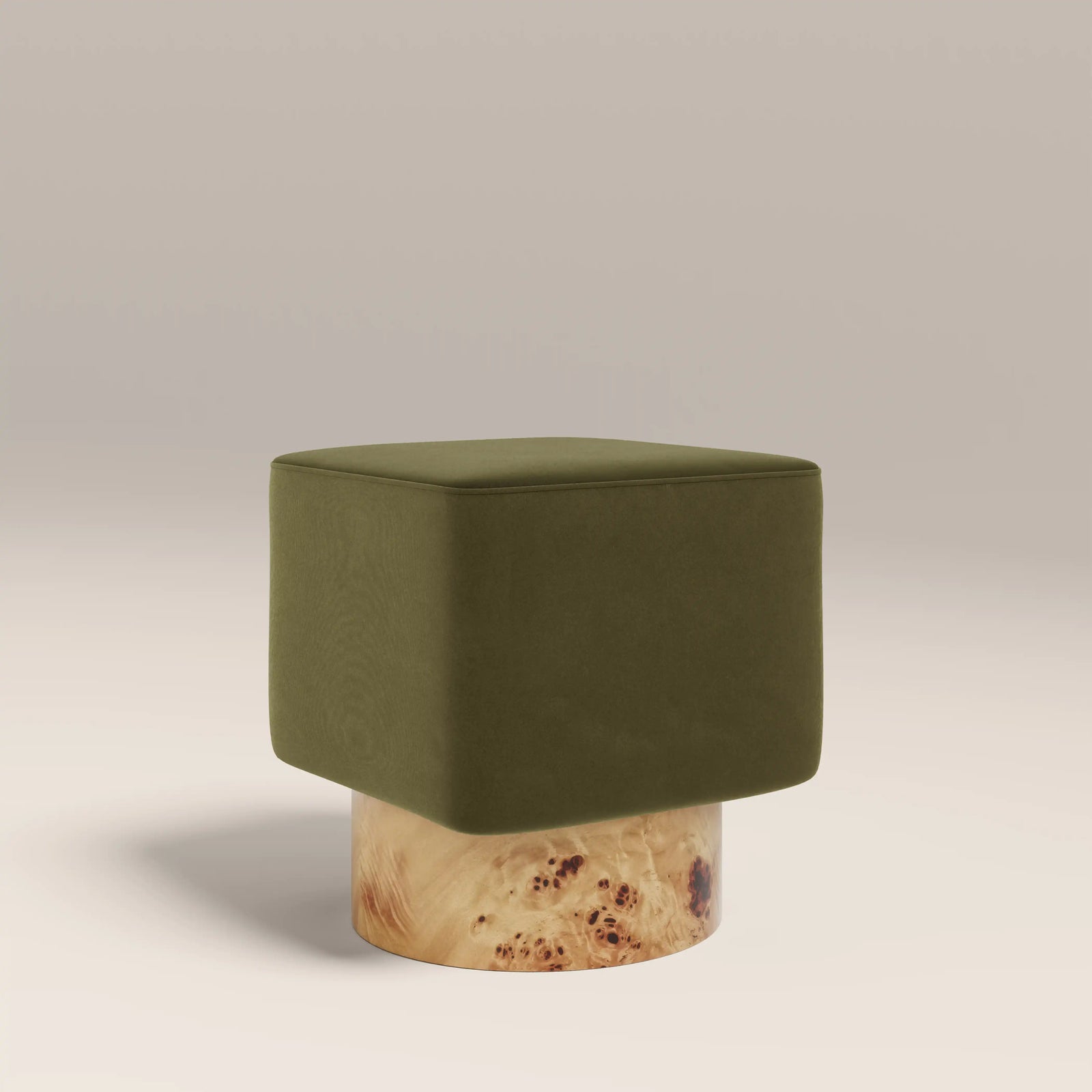 Bidbury Pouffe | Moss Green Sustainable Mohair Velvet & Burl Wood