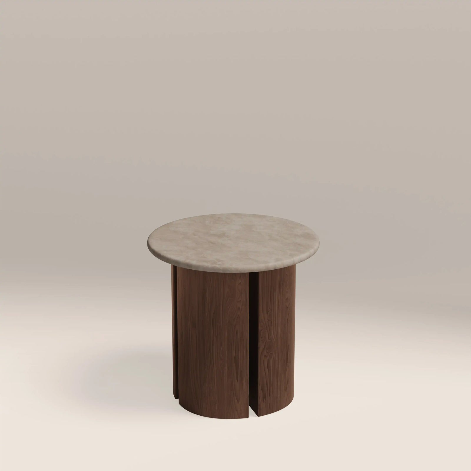 Maui Round Side Table | Grey Honed Marble Effect Stone & Walnut