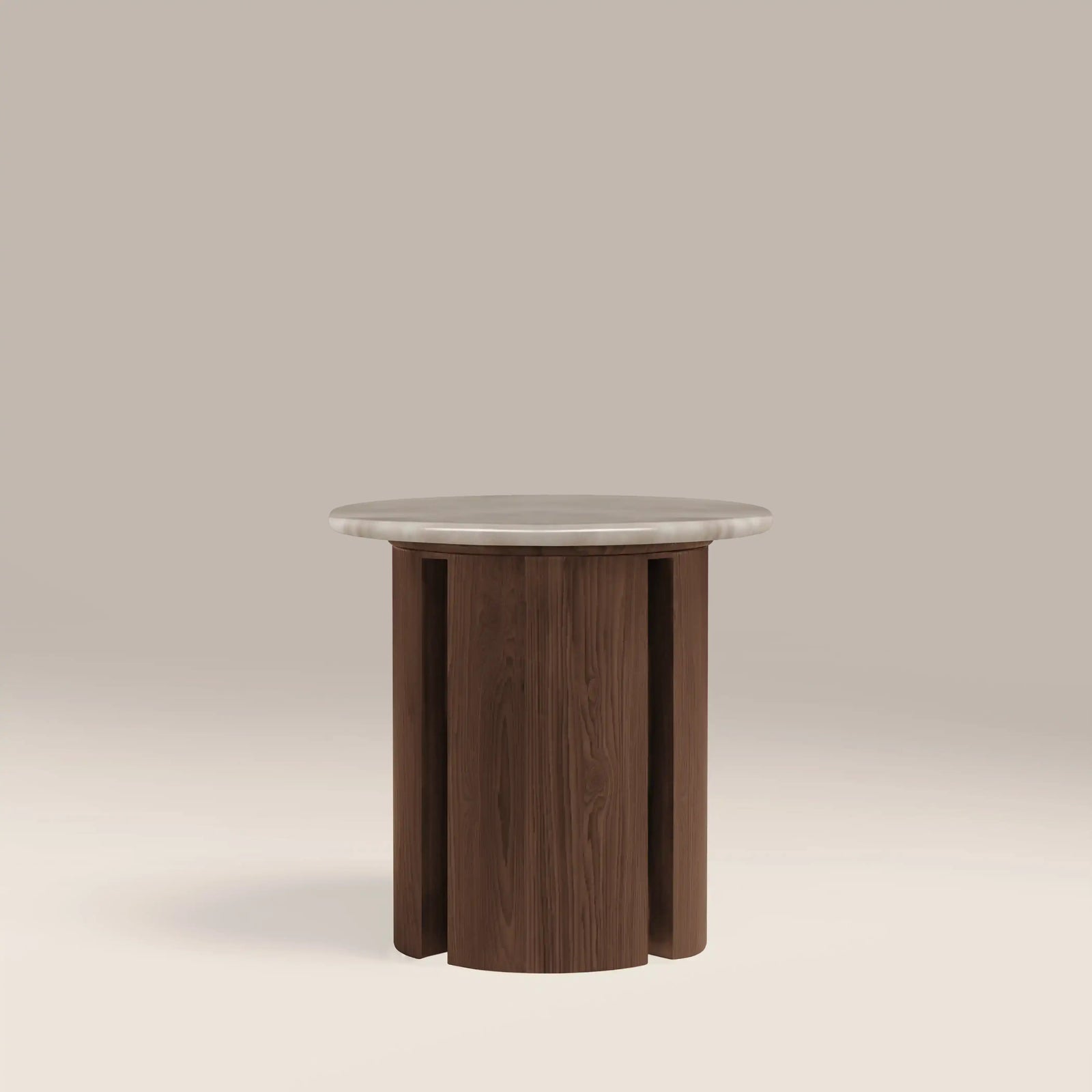 Maui Round Side Table | Grey Honed Marble Effect Stone & Walnut