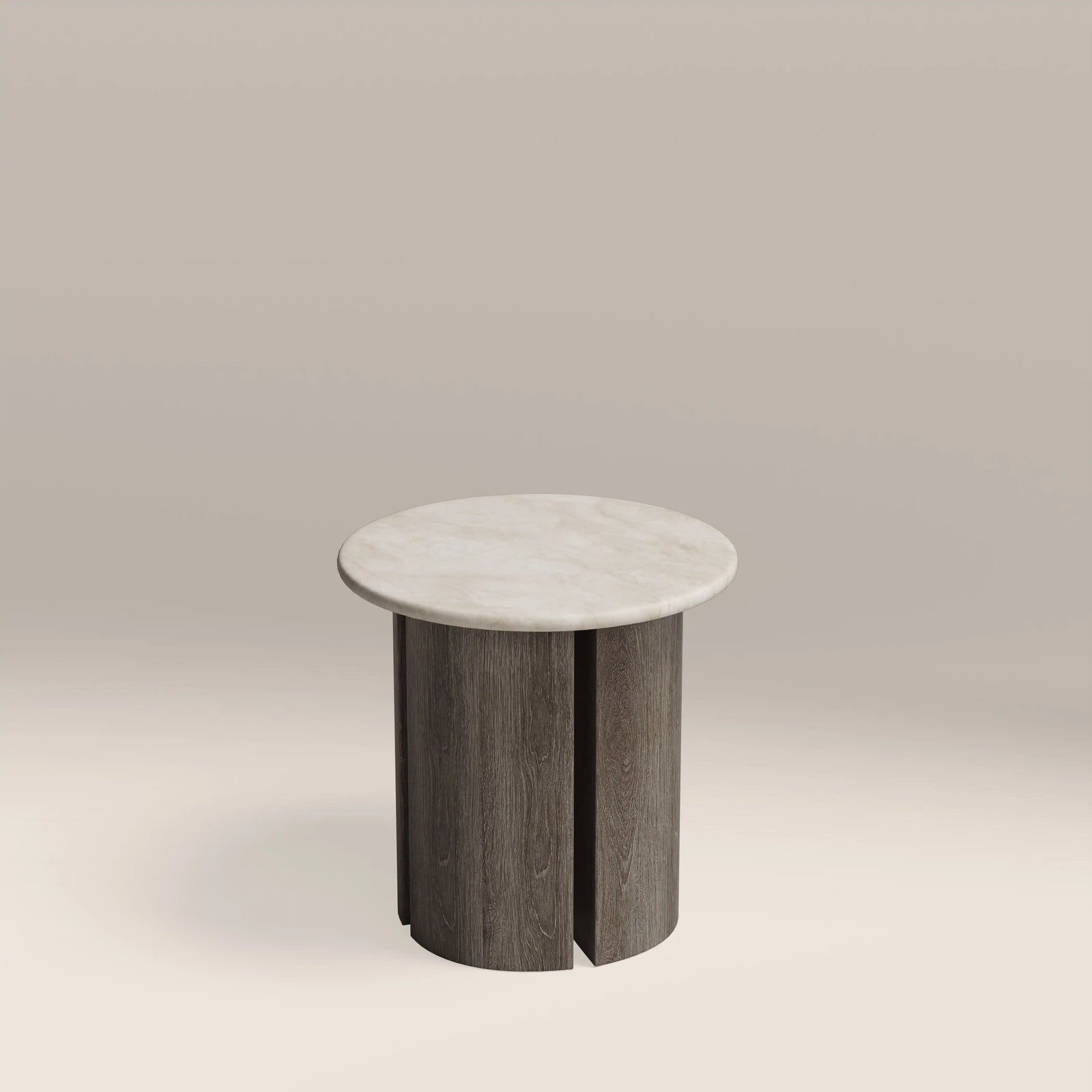 Maui Round Side Table | White Honed Marble Effect Stone & Smoked Grey Oak