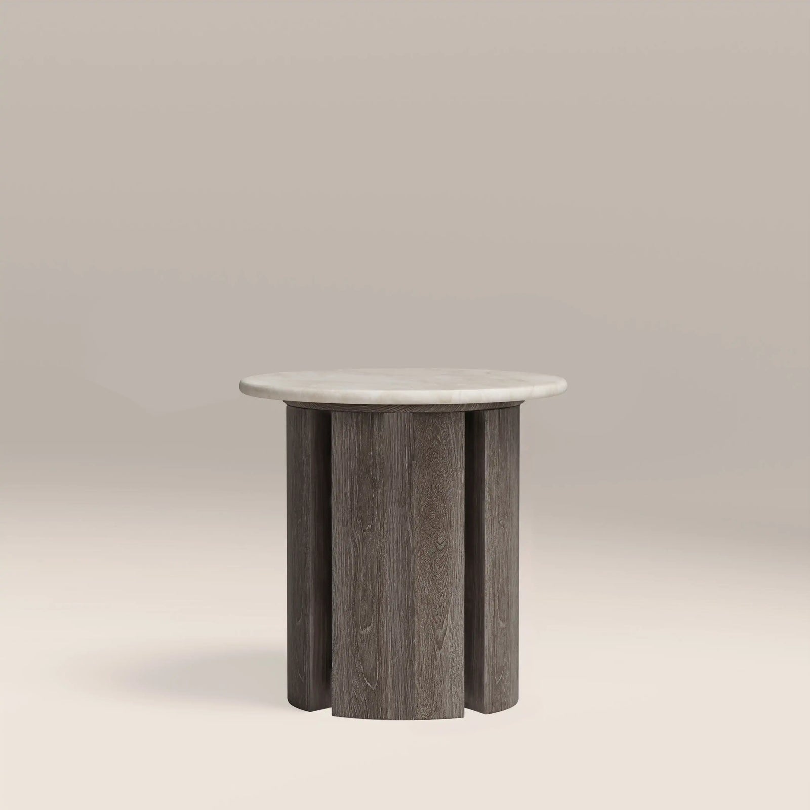 Maui Round Side Table | White Honed Marble Effect Stone & Smoked Grey Oak