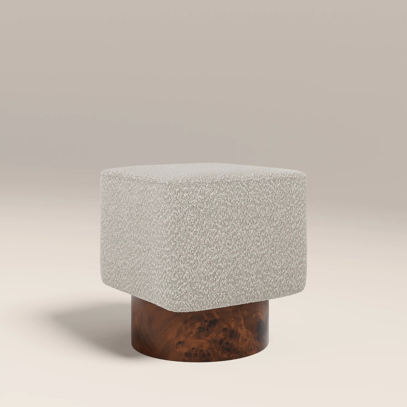 Bidbury Pouffe | Speckled Stone Sustainable Boucle & Walnut Burl Wood