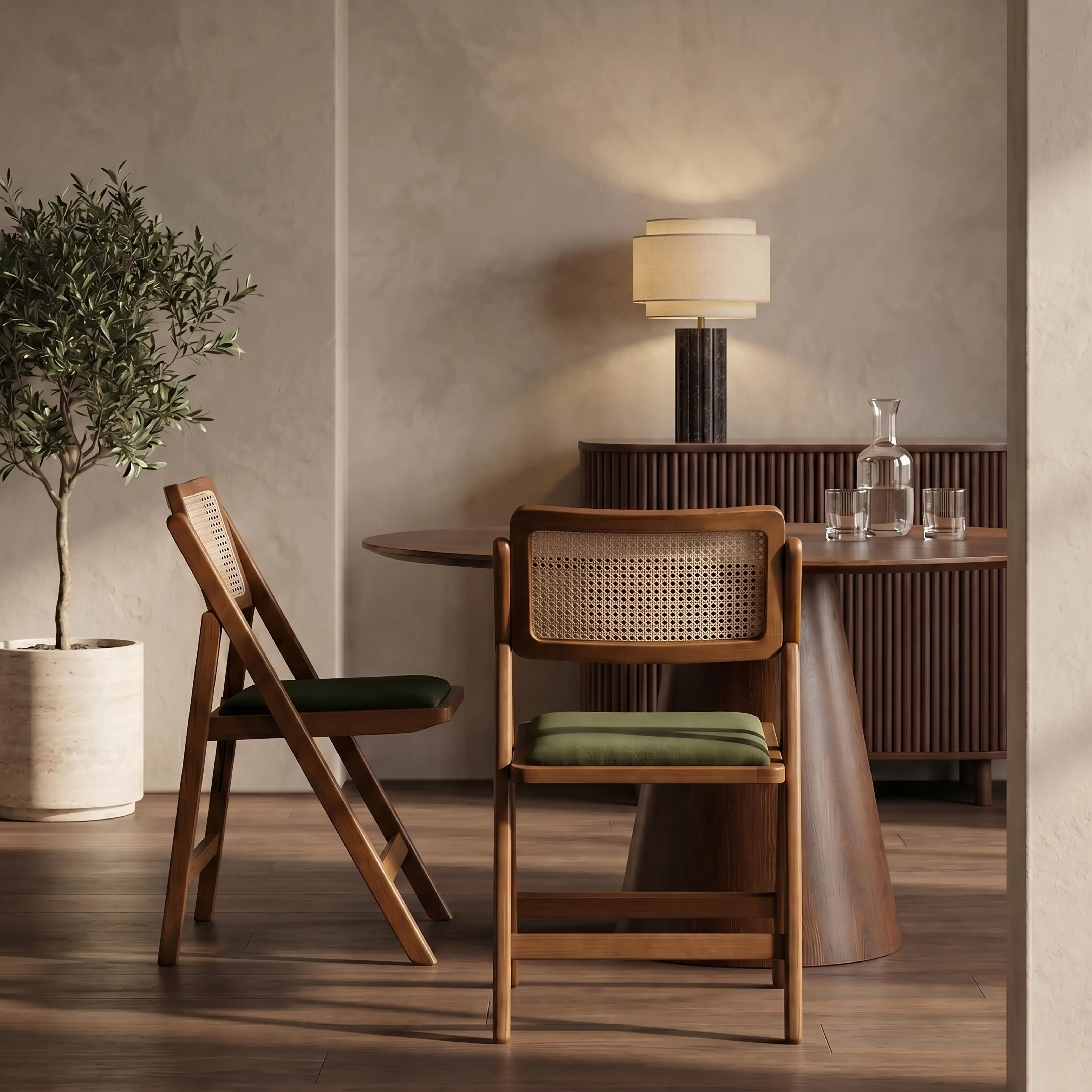 Elynn Wooden Folding Dining Chair, Olive Green Sustainable Velvet