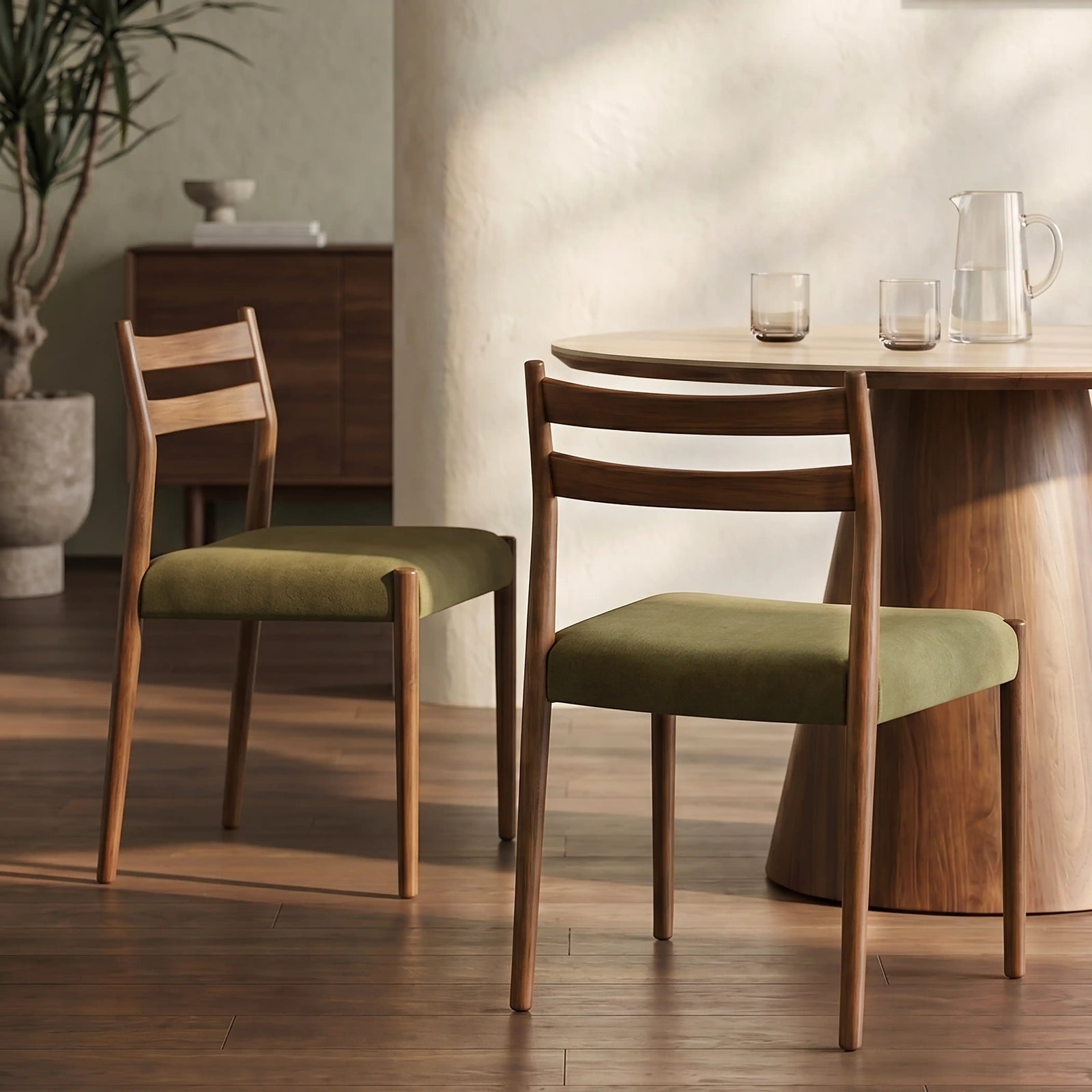 Caleb Wooden Dining Chair | Moss Green Sustainable Mohair Velvet & Walnut