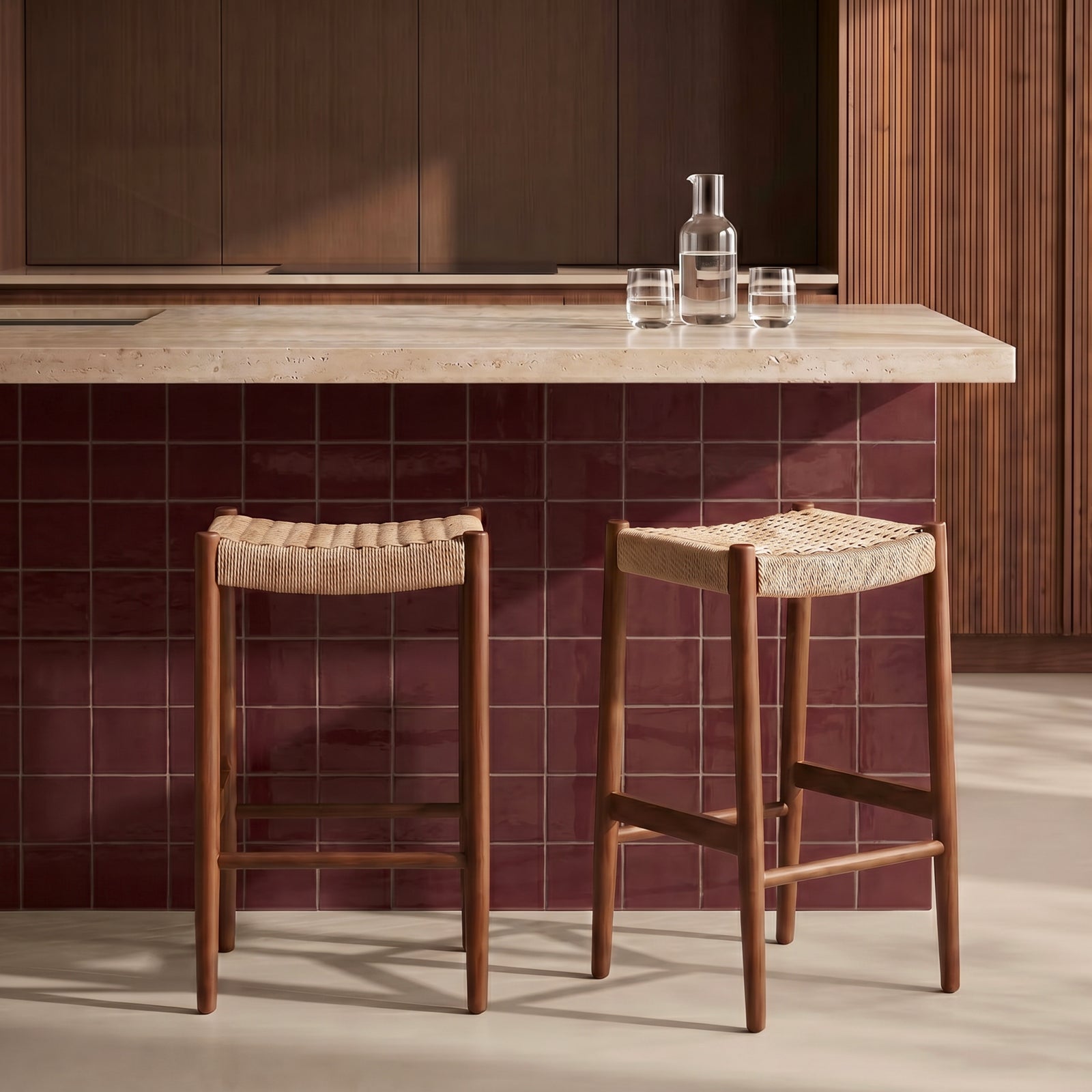 Caleb Wooden Kitchen Stool | Natural Weave & Walnut