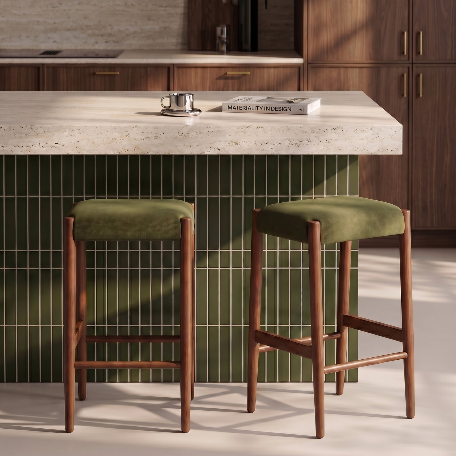 Caleb Wooden Kitchen Stool | Moss Green Sustainable Mohair Velvet & Walnut