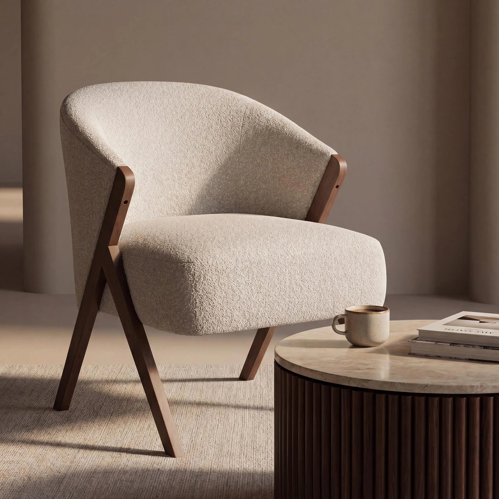 Kira Accent Chair | Speckled Stone Sustainable Boucle & Walnut