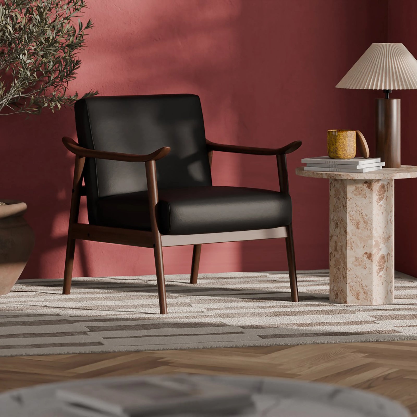 Lola Accent Chair | Noir Black Faux Leather & Walnut