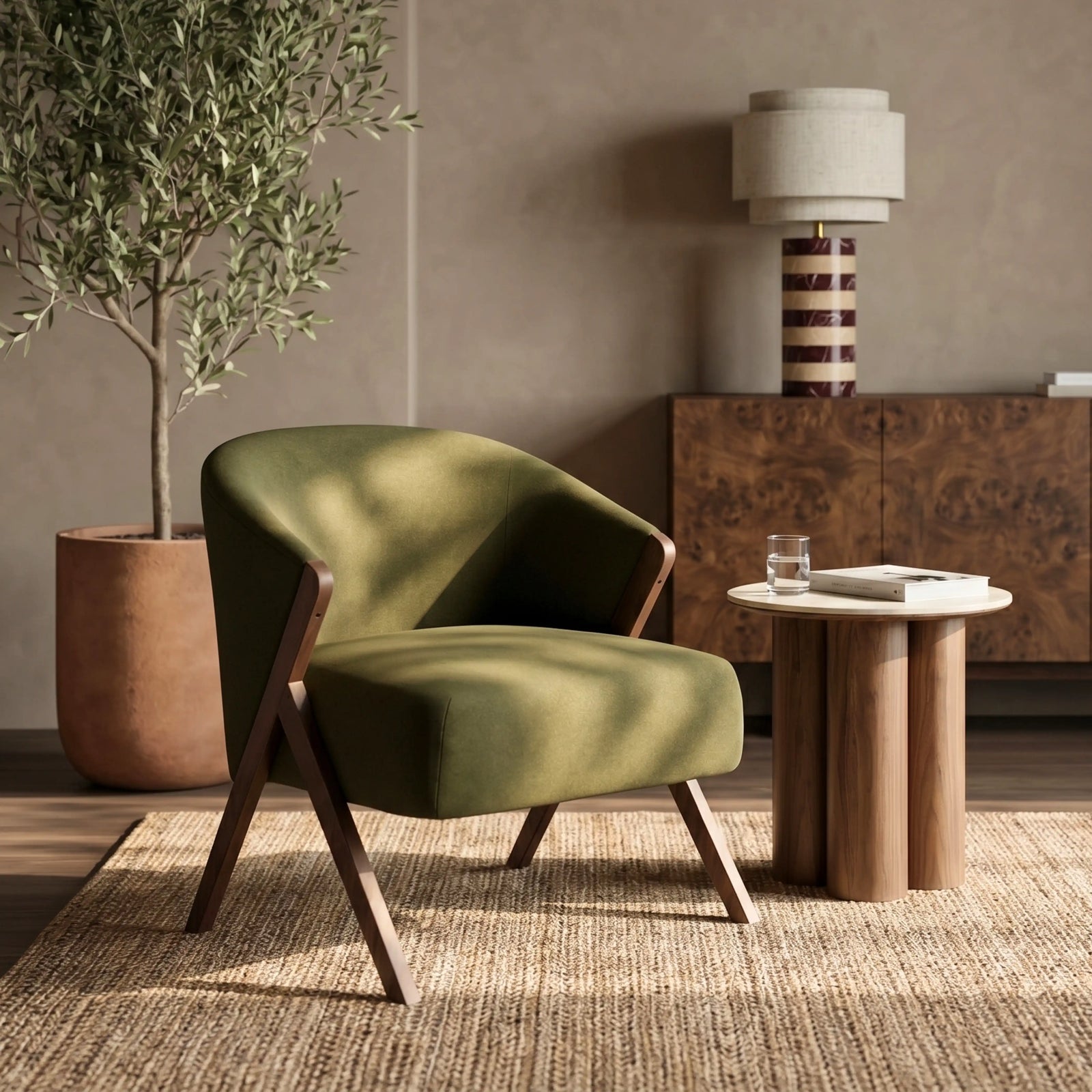 Kira Accent Chair | Moss Green Sustainable Mohair Velvet & Walnut
