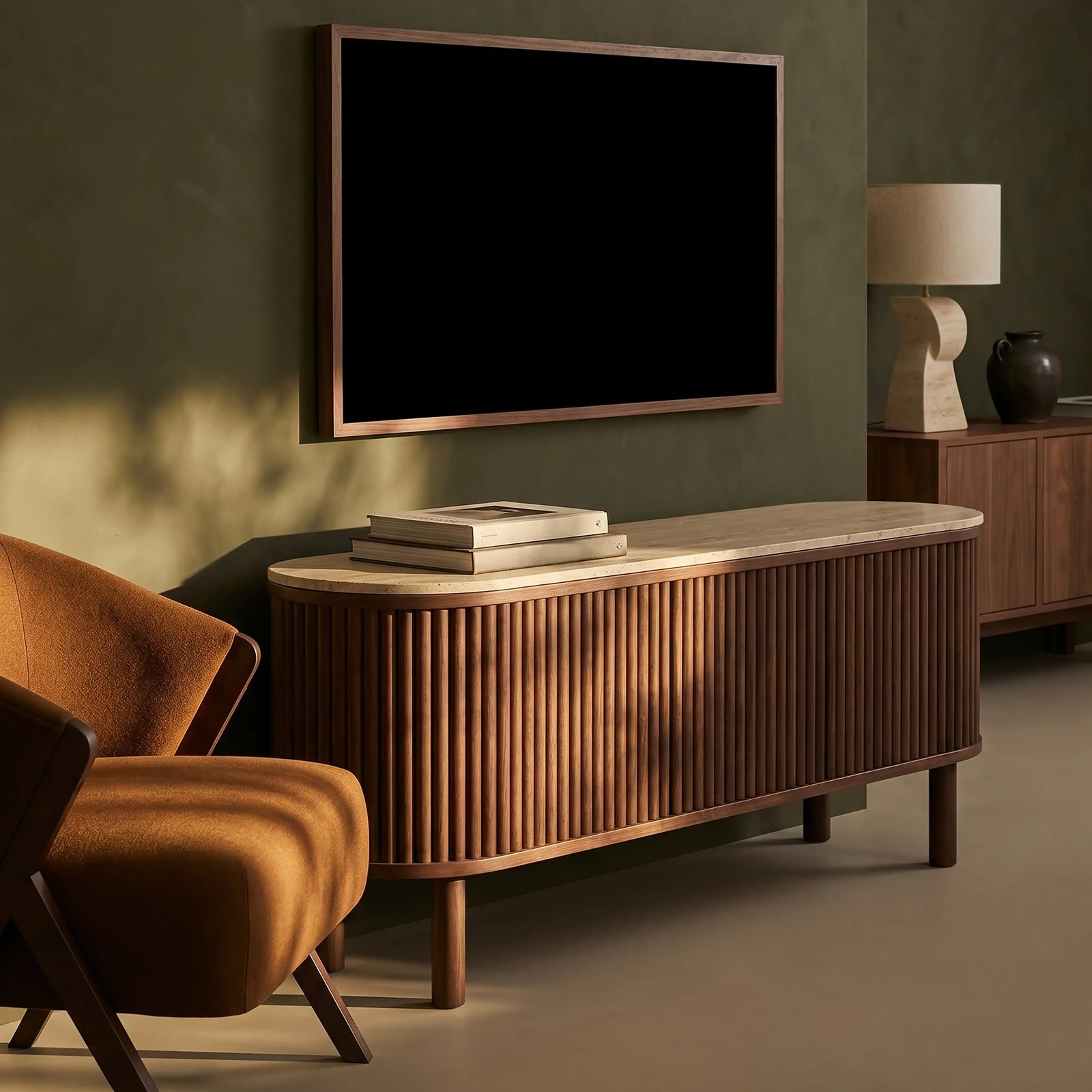 Santana TV Stand | Natural Travertine Effect Sintered Stone & Smoked Walnut