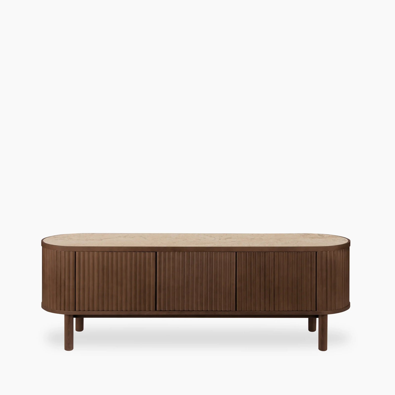 Santana TV Stand | Natural Travertine Effect Sintered Stone & Smoked Walnut