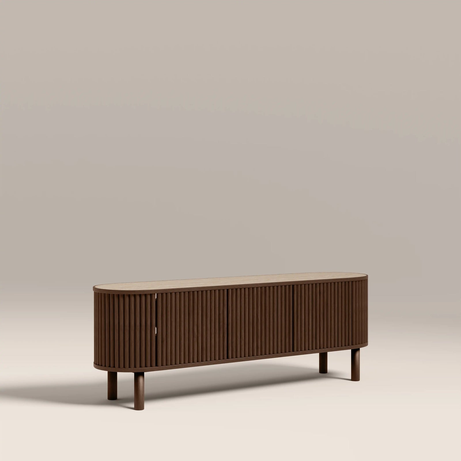 Santana TV Stand | Natural Travertine Effect Sintered Stone & Smoked Walnut
