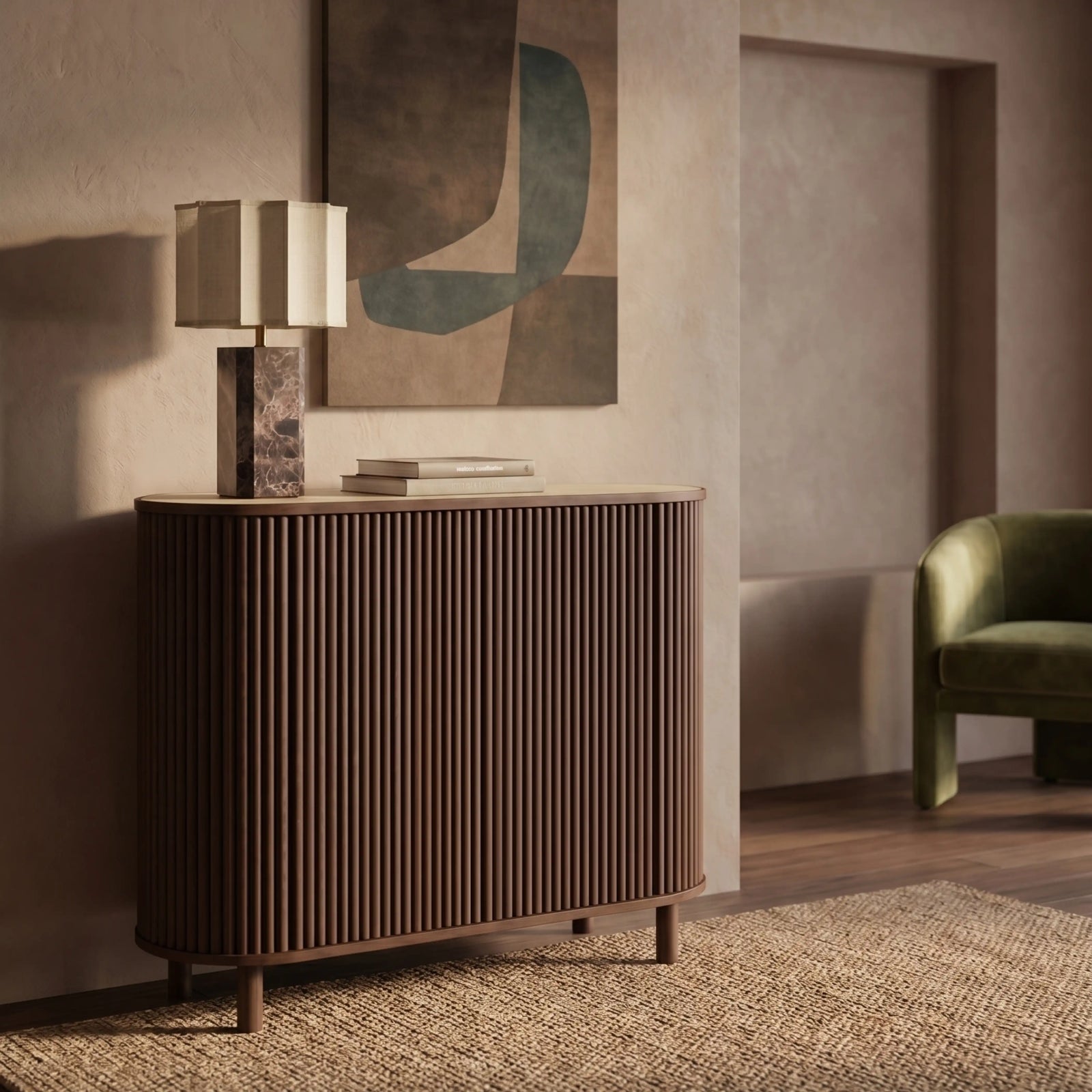 Santana Sideboard | Natural Travertine Effect Sintered Stone & Smoked Walnut