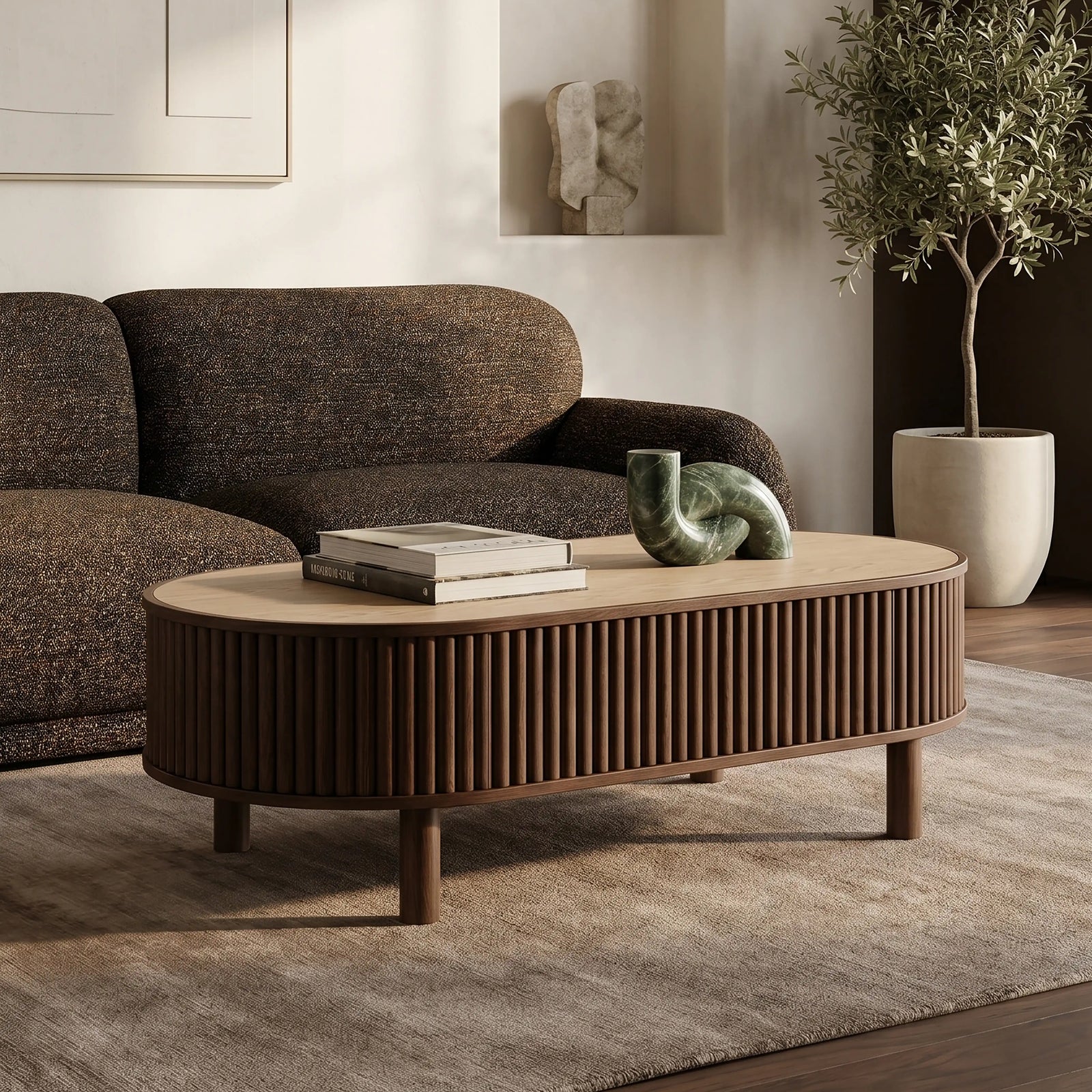 Santana Oval Storage Coffee Table | Natural Travertine Effect Sintered Stone & Smoked Walnut