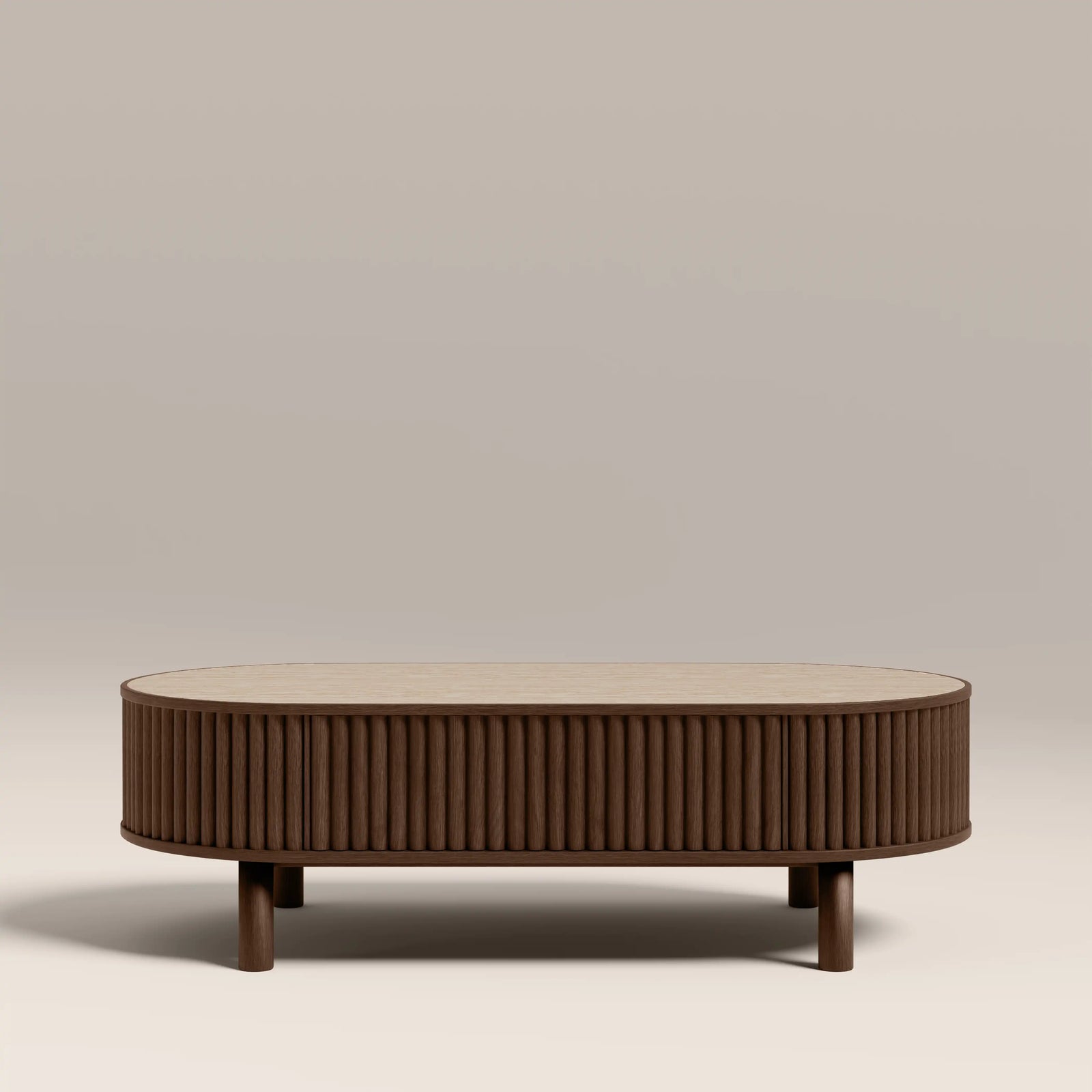 Santana Oval Coffee Table | Natural Travertine Effect Sintered Stone & Smoked Walnut