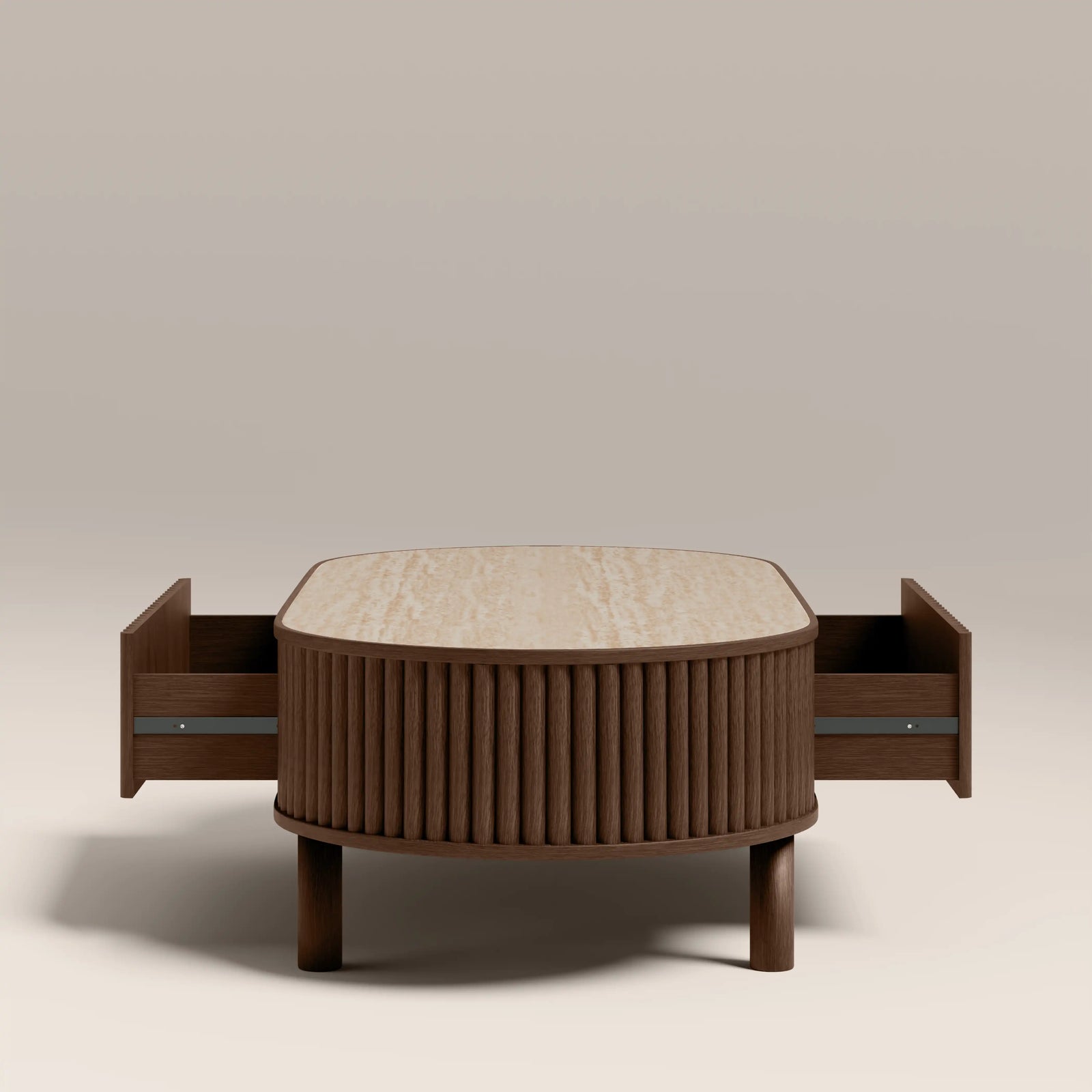 Santana Oval Storage Coffee Table | Natural Travertine Effect Sintered Stone & Smoked Walnut