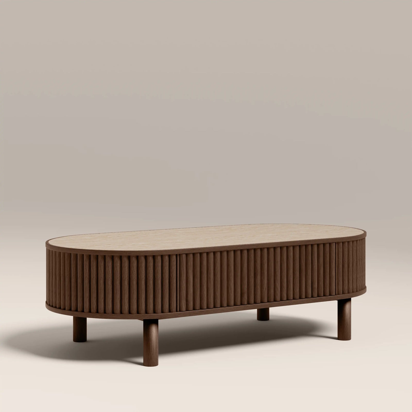 Santana Oval Coffee Table | Natural Travertine Effect Sintered Stone & Smoked Walnut
