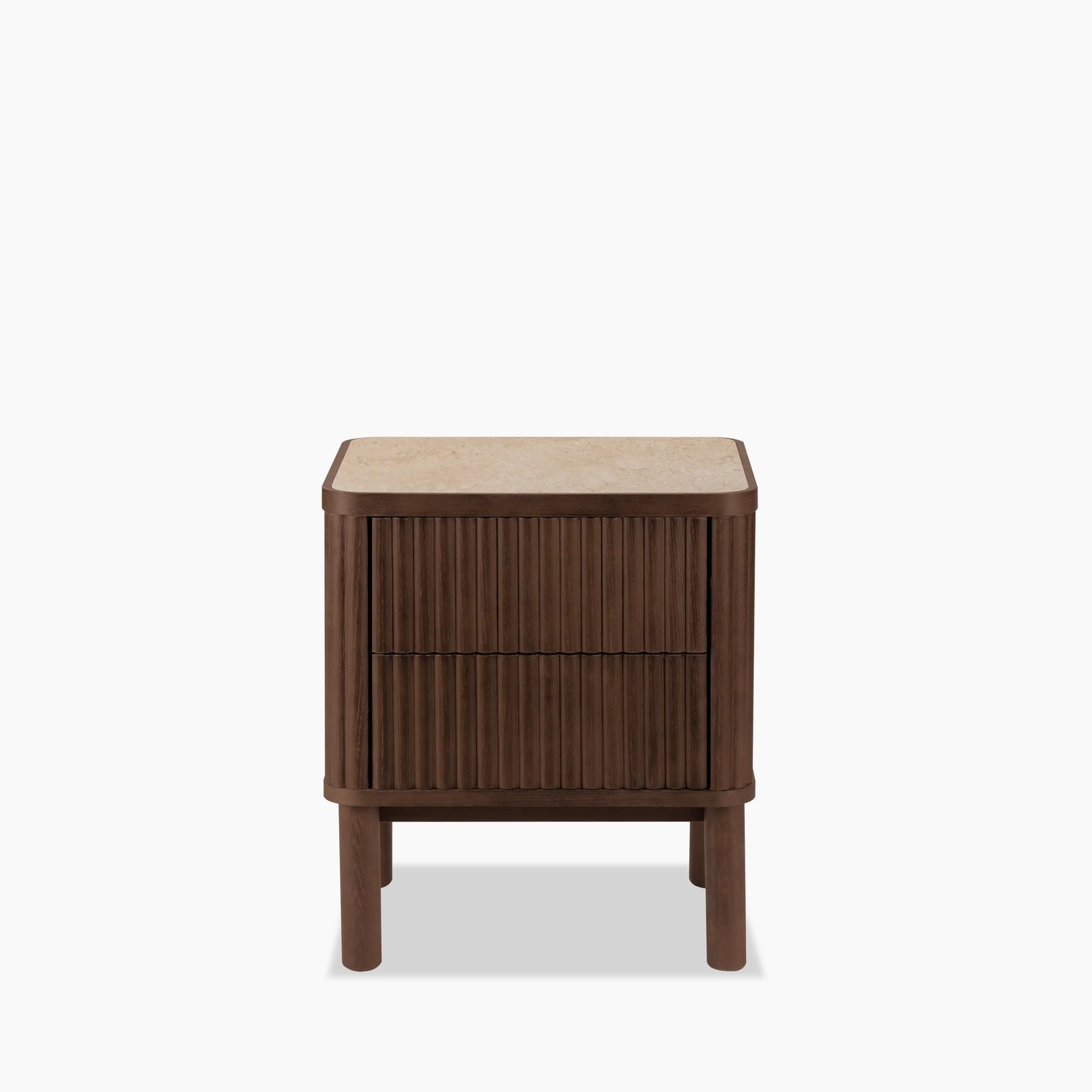 Santana Bedside Table | Natural Travertine Effect Sintered Stone & Smoked Walnut