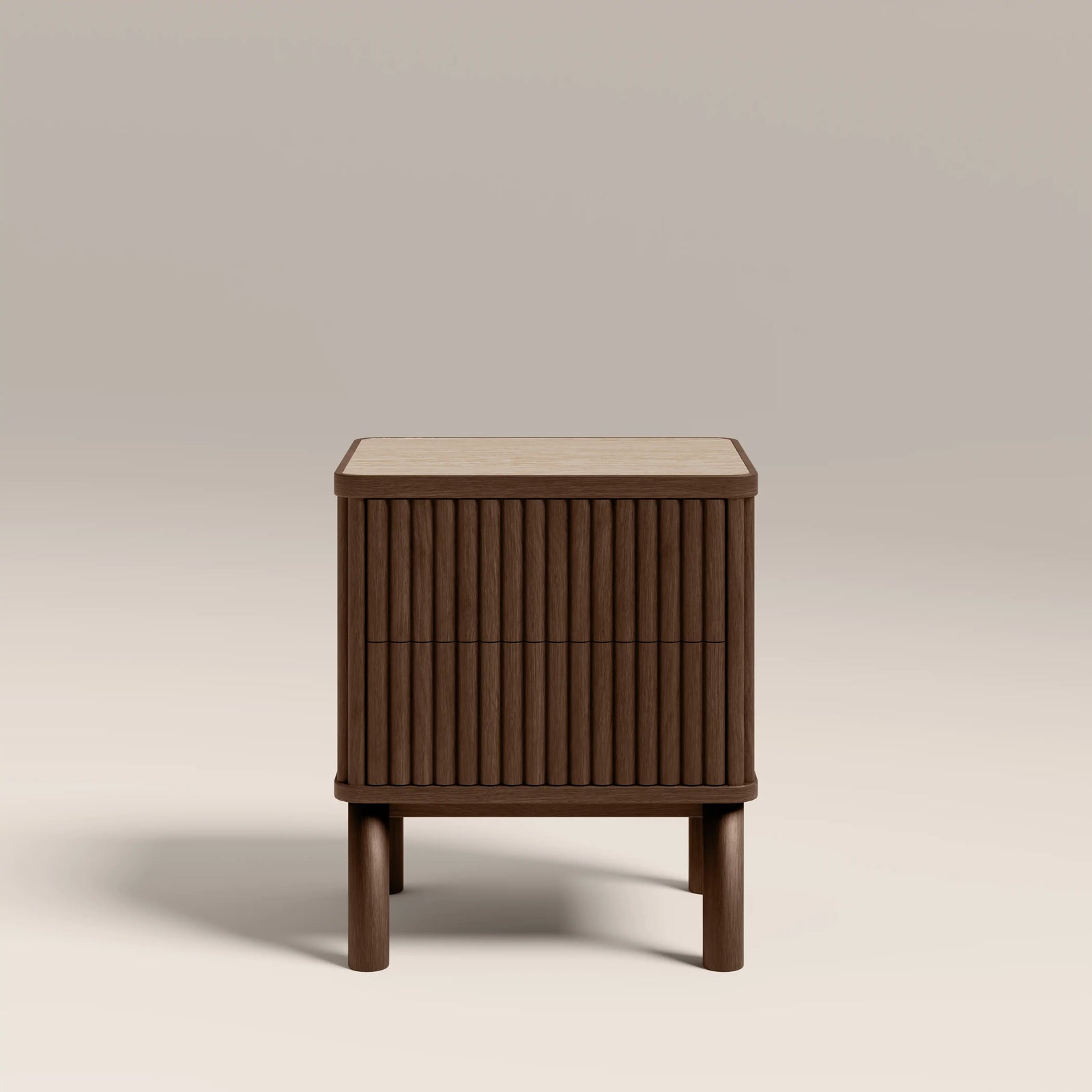 Santana Bedside Table | Natural Travertine Effect Sintered Stone & Smoked Walnut