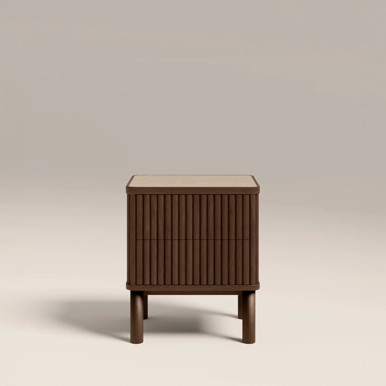 Santana 2 Drawer Rectangle Bedside Table | Natural Travertine Effect  Sintered Stone & Smoked Walnut