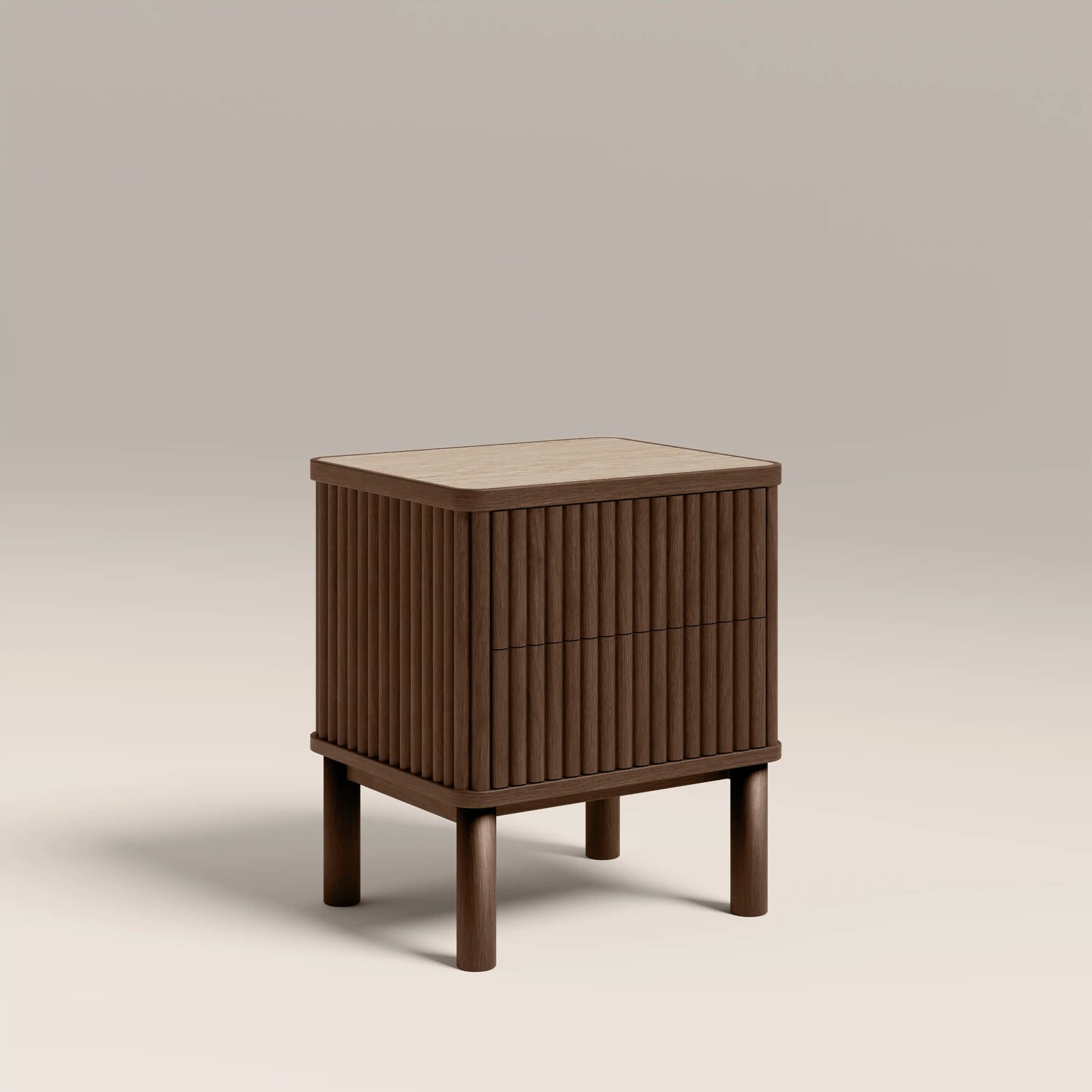 Santana Bedside Table | Natural Travertine Effect Sintered Stone & Smoked Walnut