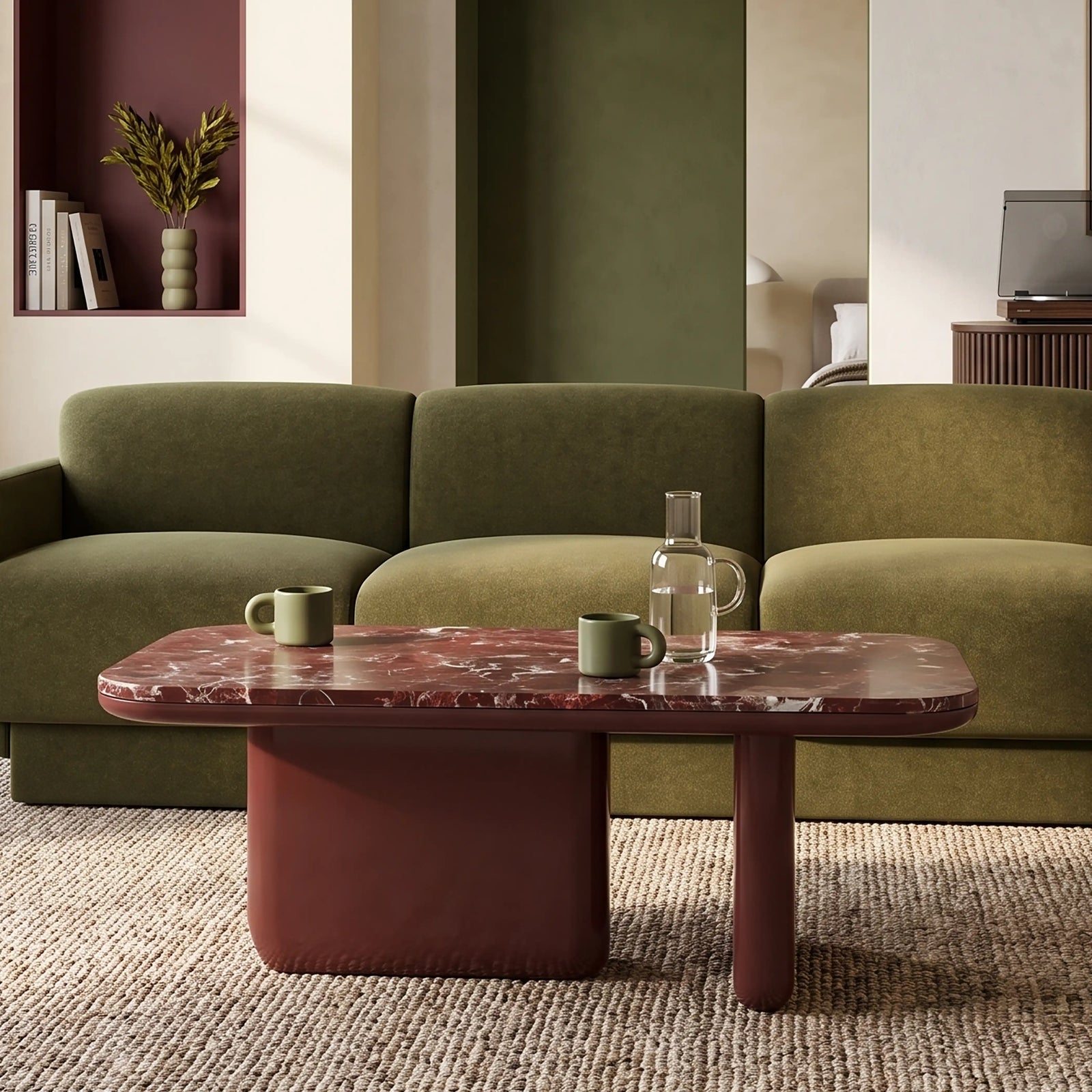 Aliza Rectangle Coffee Table | Maroon Red Marble & High Gloss Burgundy