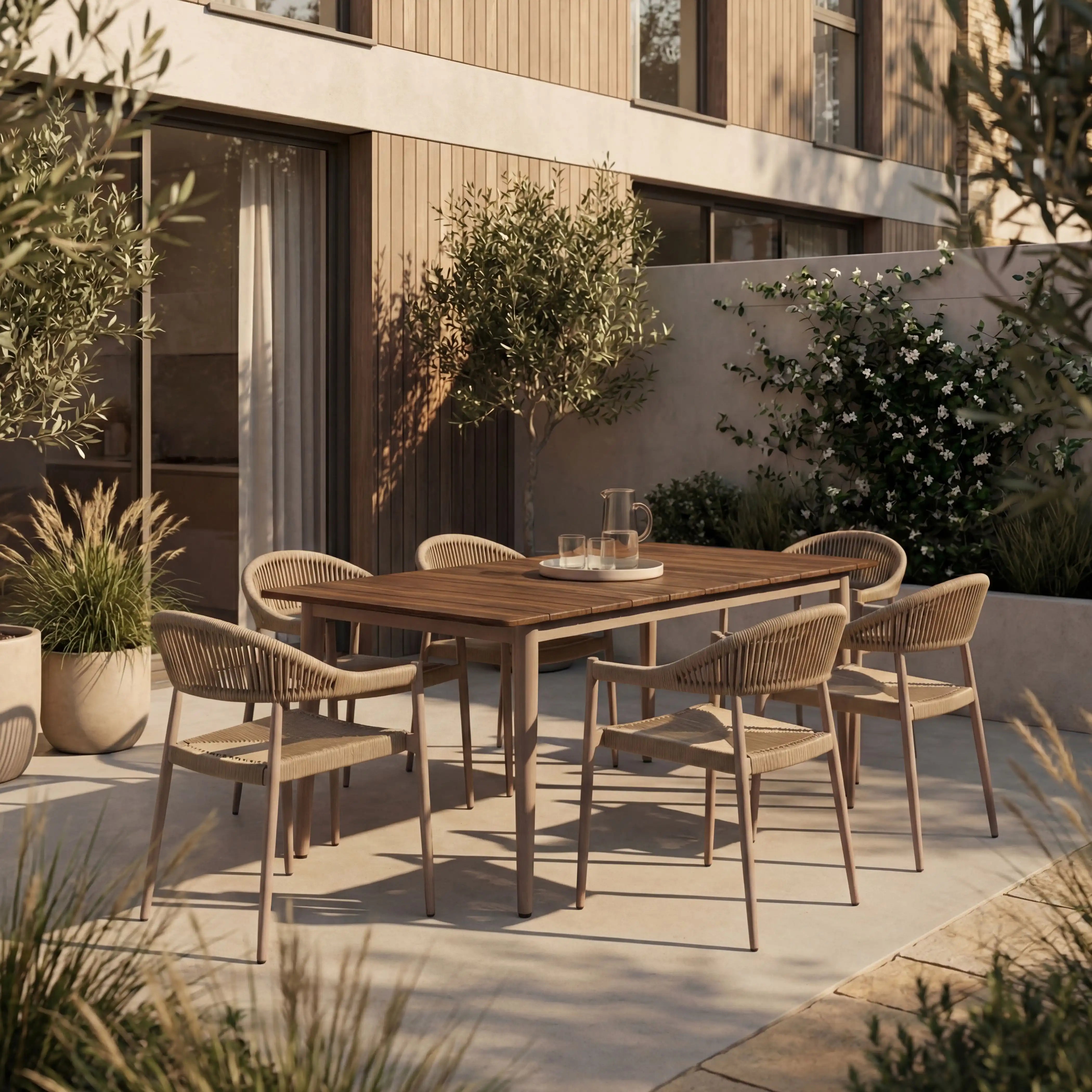 Lorenzo 6 Seat Rectangle Garden Dining Table, Walnut & Taupe