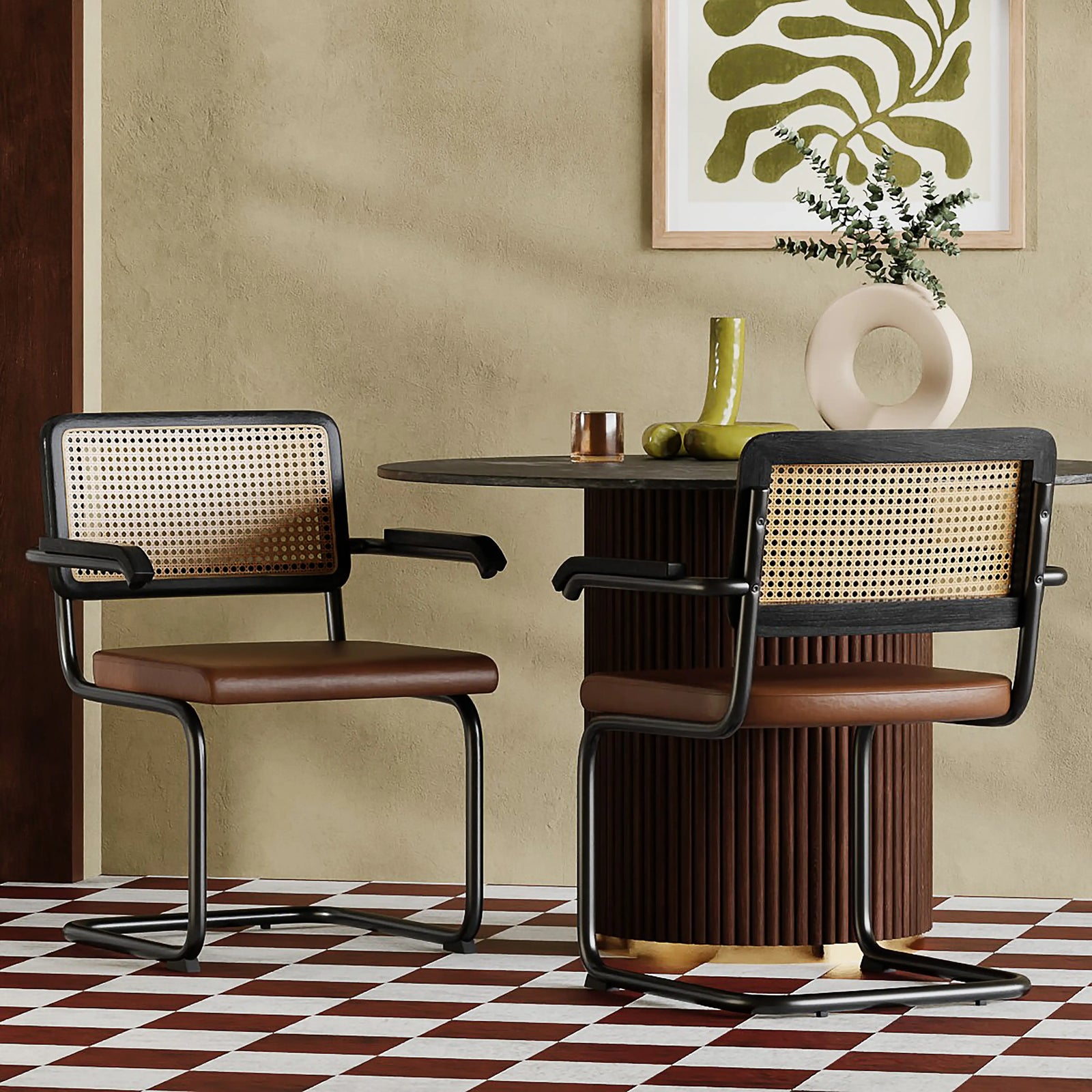 Kenton Carver Dining Chair | Vintage Tan Faux Leather & Black