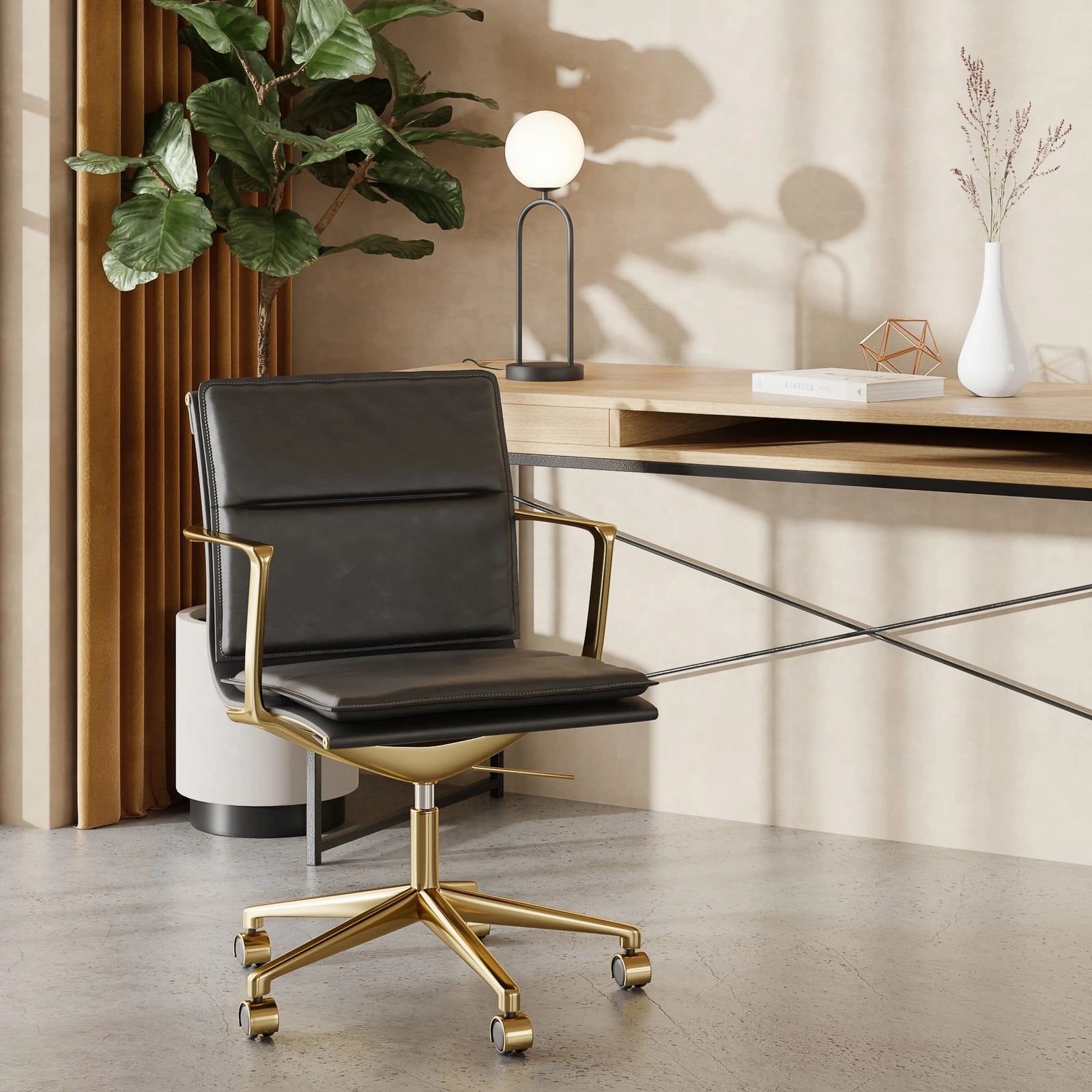 Bria Office Chair | Black Faux Leather & Brass