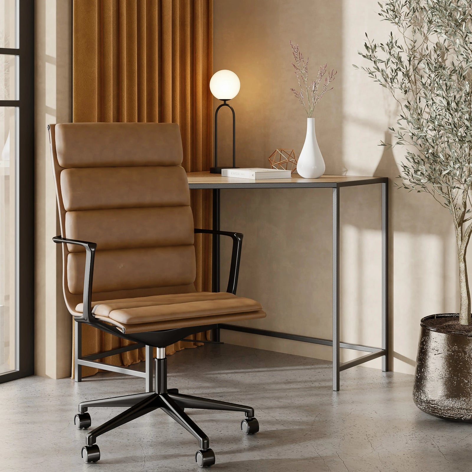 Urma High Back Office Chair | Vintage Tan Faux Leather & Black