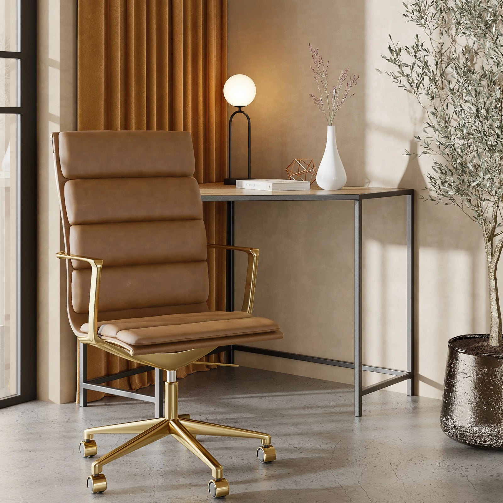Urma High Back Office Chair | Vintage Tan Faux Leather & Brass