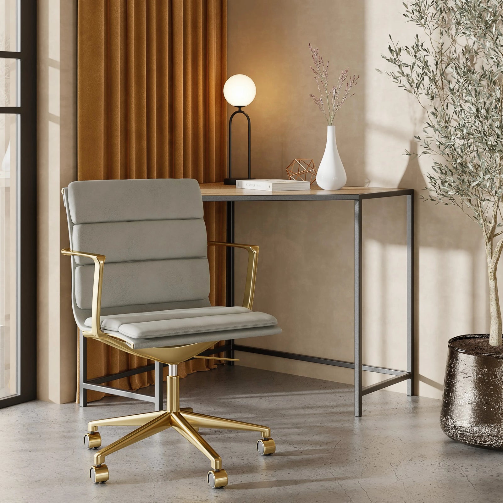 Urma Office Chair | Grey Faux Leather & Brass