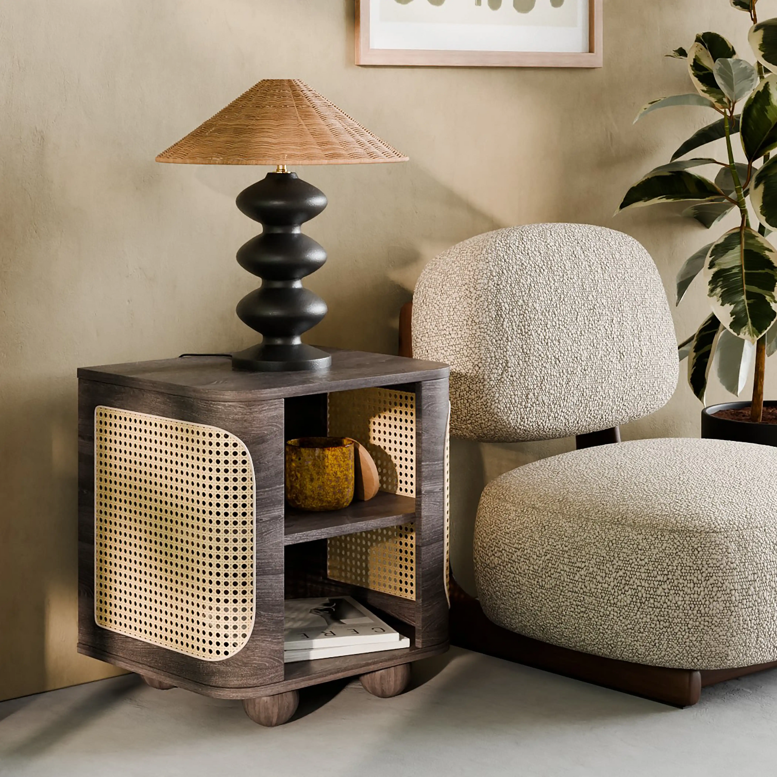 Una Wooden Side Table  | Walnut & Cane