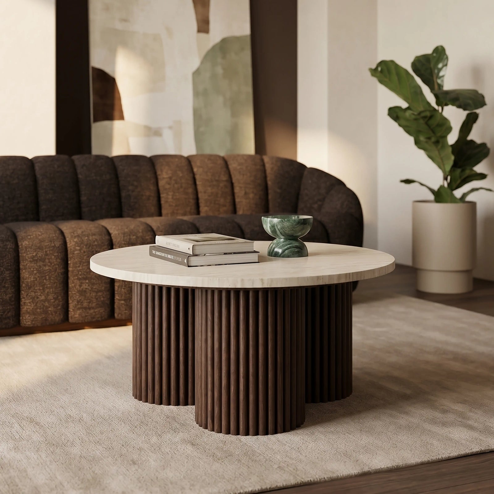 Skylar Round Coffee Table | Travertine & Walnut