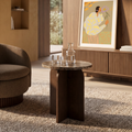Eli Round Side Table | Emperador Brown Marble & Walnut