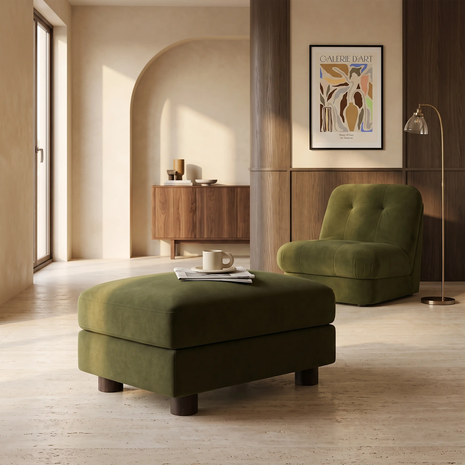 Halton Footstool | Moss Green Sustainable Mohair Velvet & Walnut