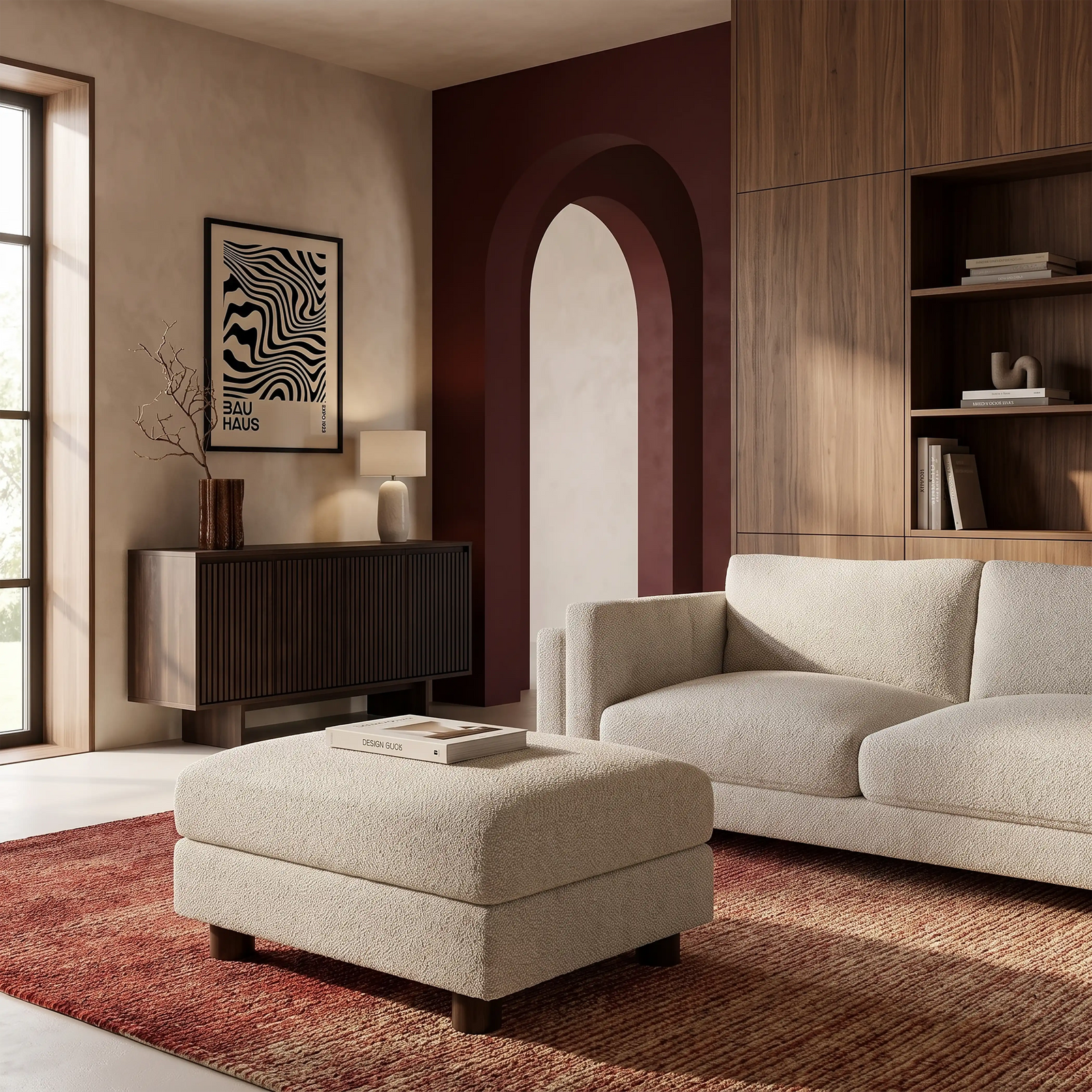 Halton Footstool | Speckled Stone Sustainable Boucle & Walnut