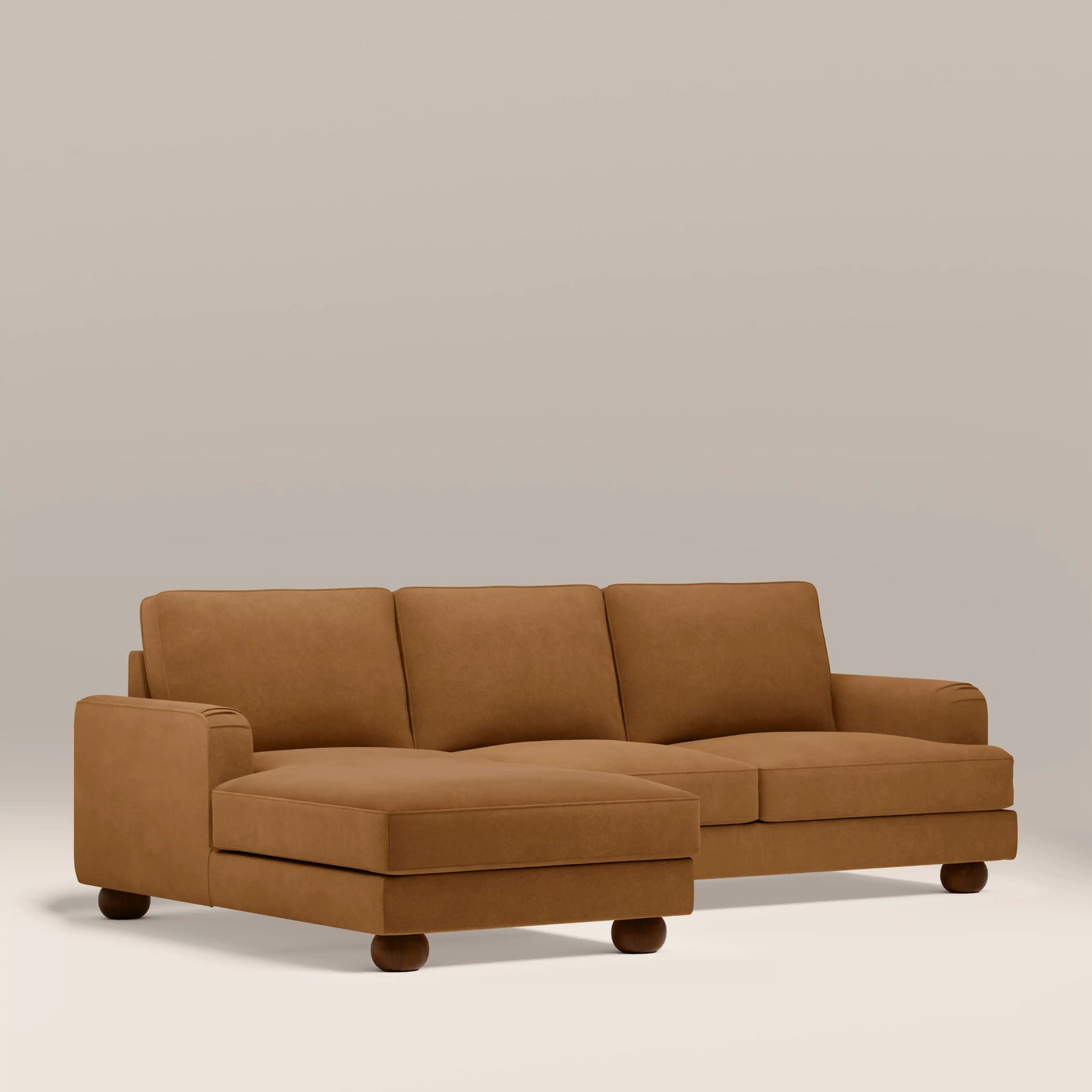 Nola Left Hand Chaise Sofa | Caramel Brown Sustainable Mohair Velvet