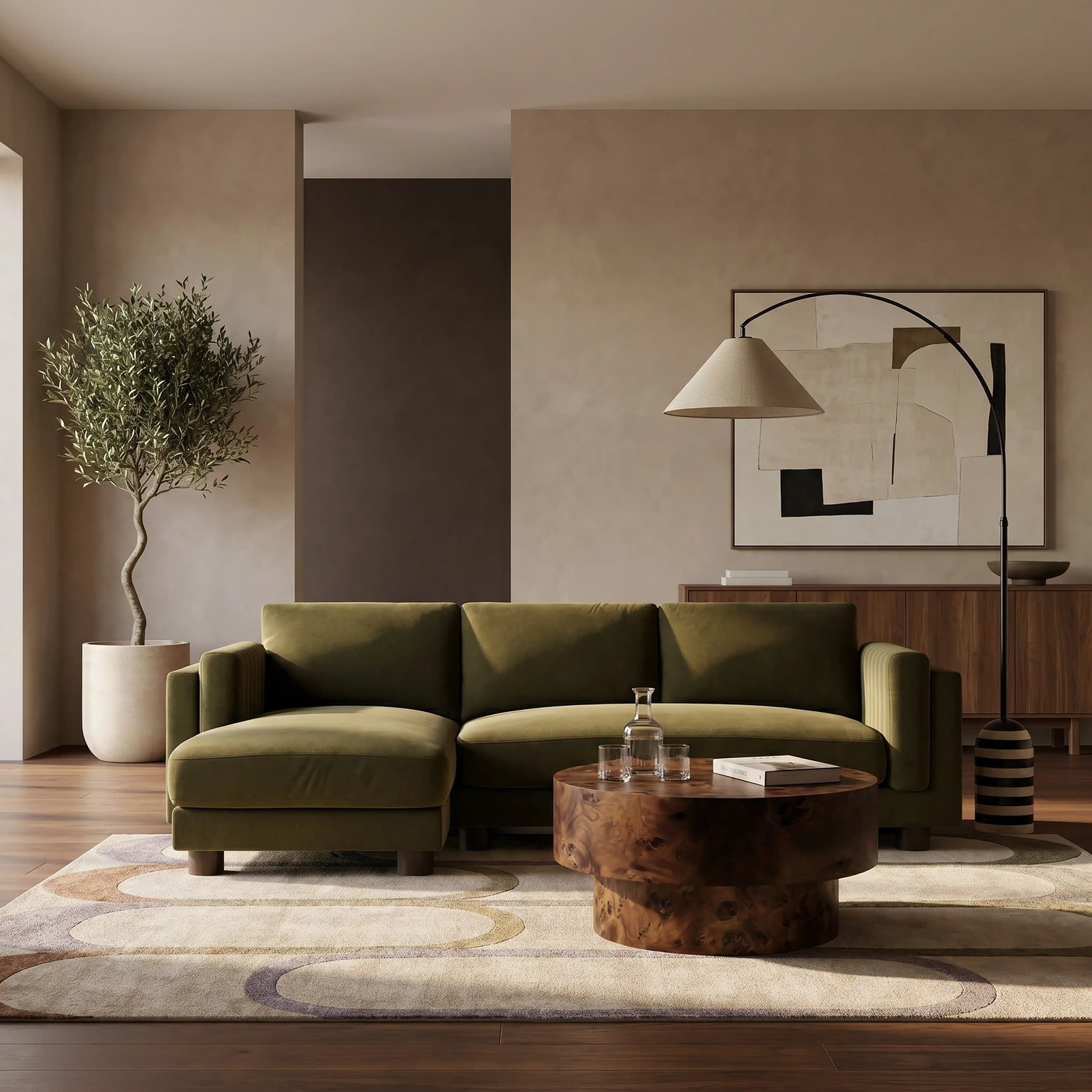 Halton Left Hand 3 Seater Chaise Sofa | Moss Green Sustainable Mohair Velvet